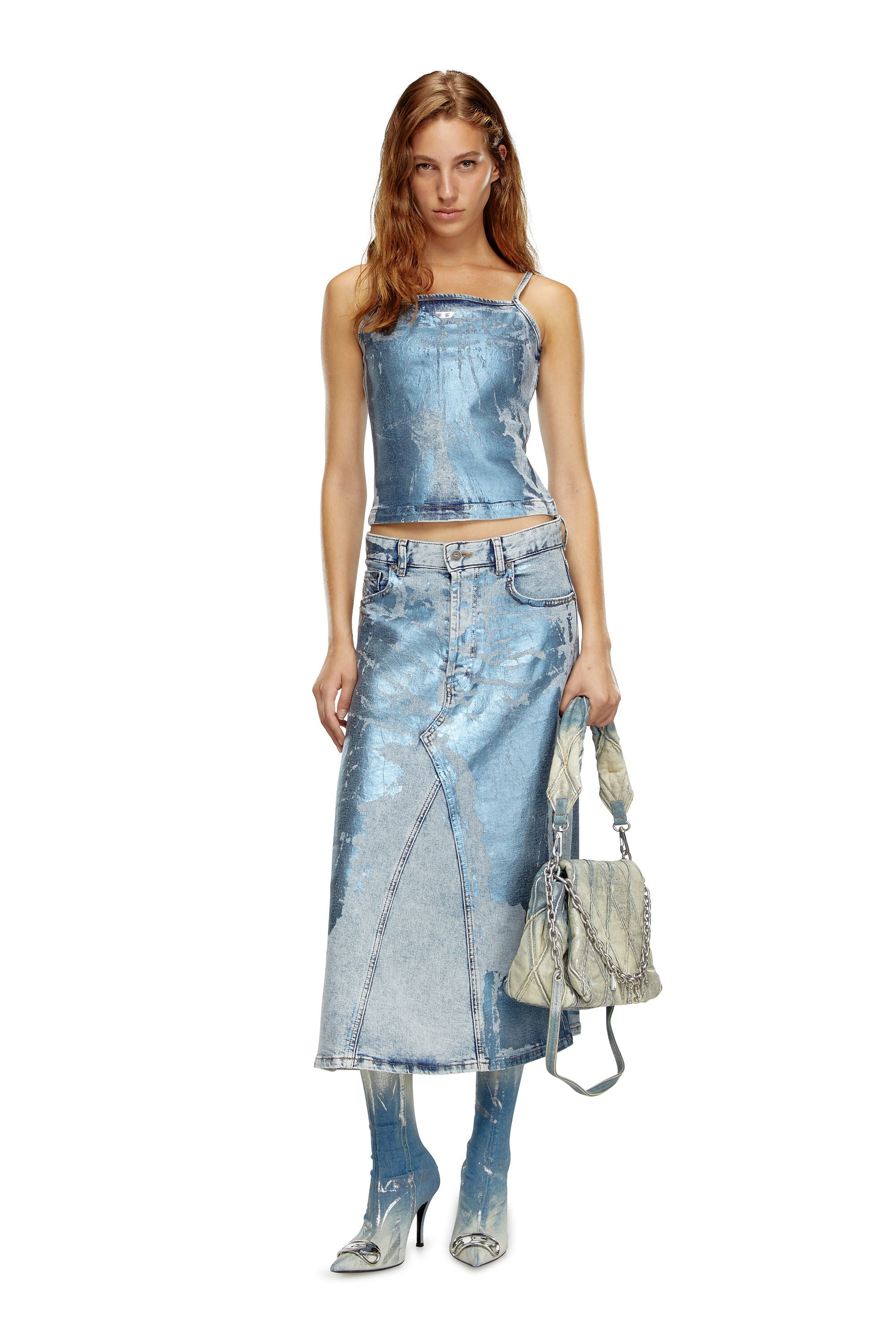 DIESEL De Pago Midi Skirt Printed Distressed Blue denim LEO BOUTIQUE