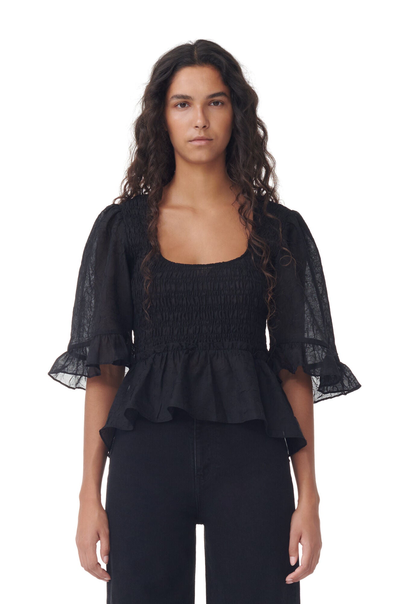 LEO BOUTIQUE Crinkled Georgette Smock Blouse Black GANNI