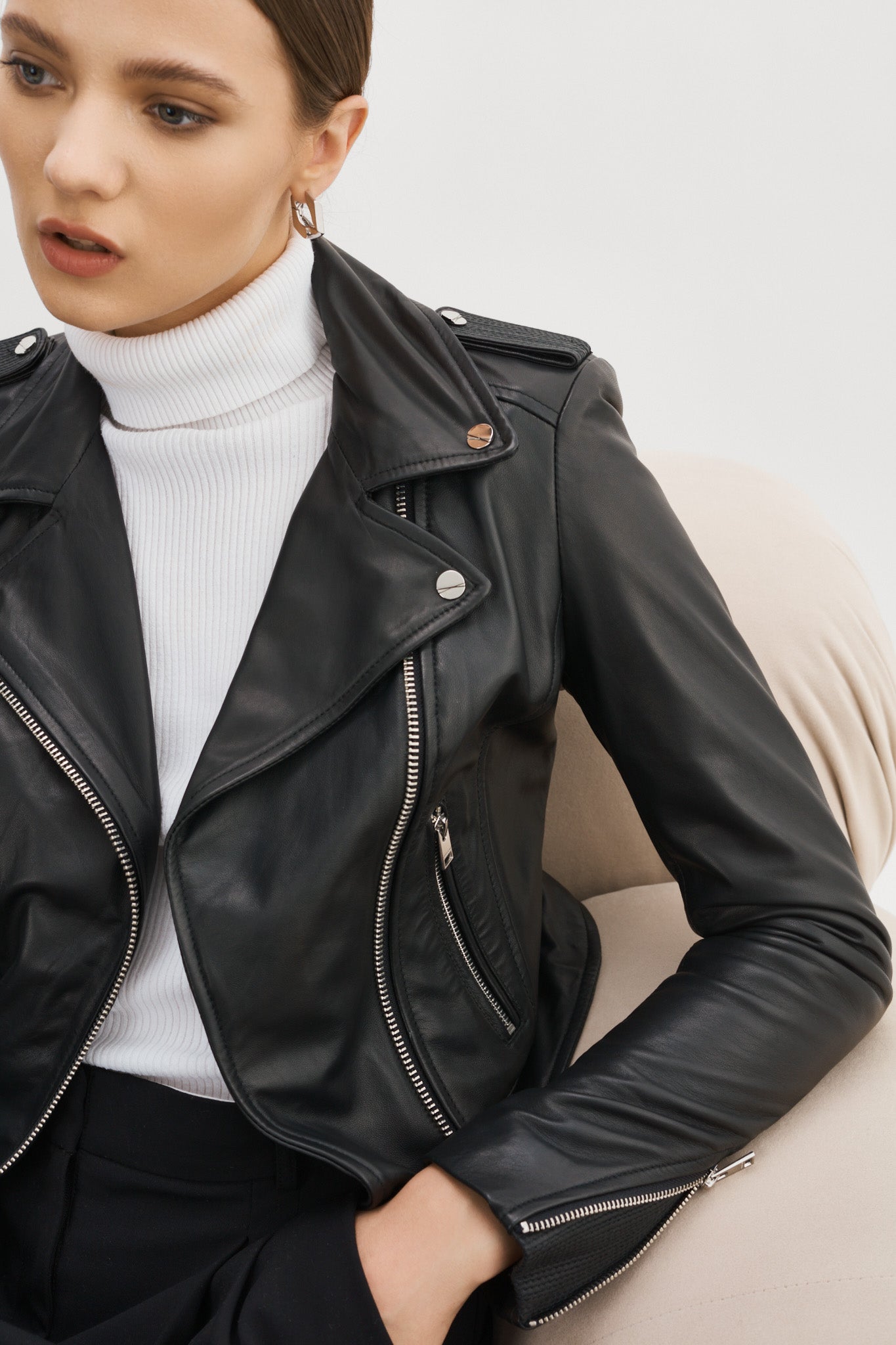 LEO BOUTIQUE Donna Iconic Leather Biker Jacket Black Silver LAMARQUE 