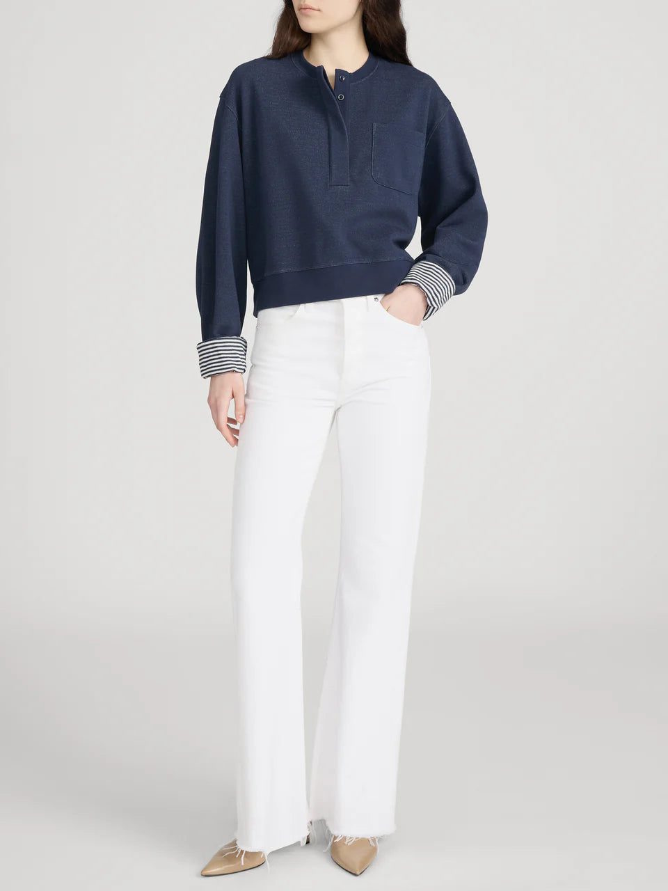FRAME The Stripe Cuff Sweatshirt | Navy Multi LEO BOUTIQUE 