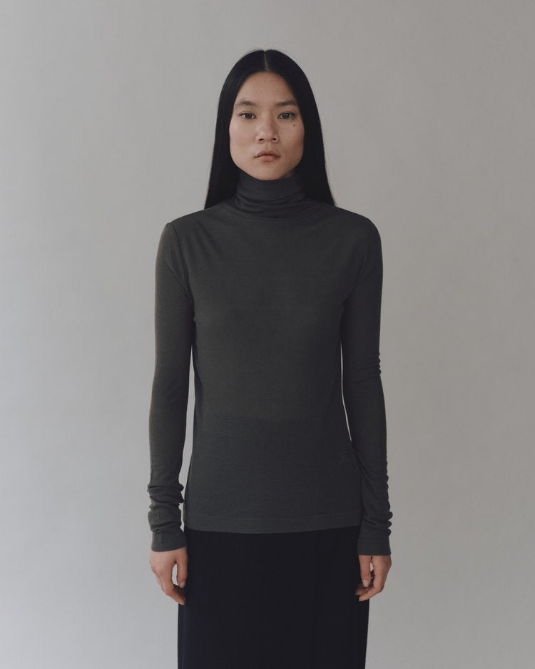 MIJEONG PARK Thin Ribbed Roll Neck Top | Dark Gray LEO BOUTIQUE