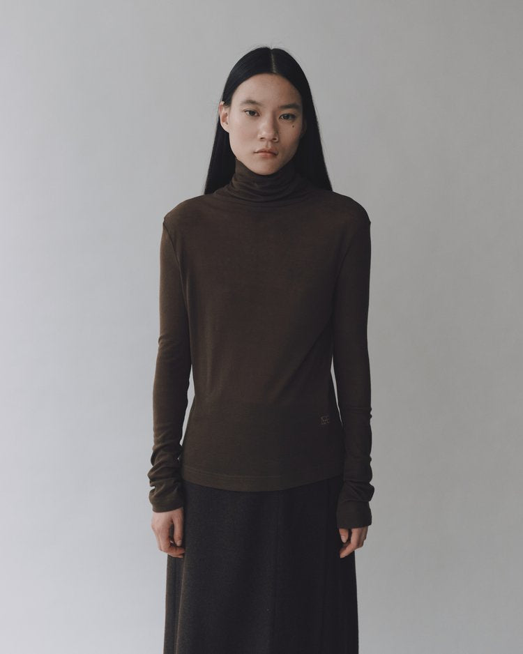 MIJEONG PARK Thin Ribbed Roll Neck Top | Brown LEO BOUTIQUE