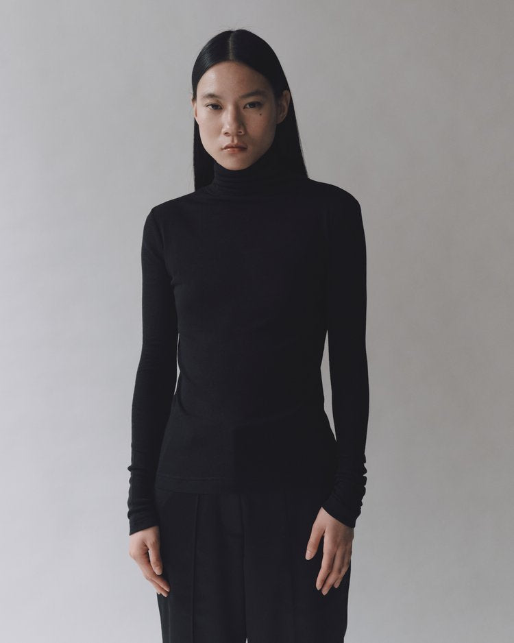 MIJEONG PARK Thin Ribbed Roll Neck Top | Black LEO BOUTIQUE