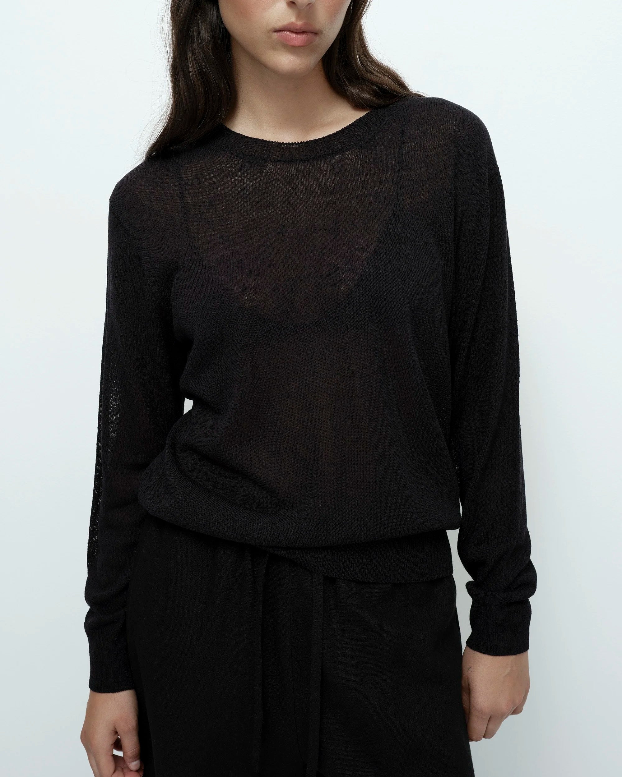 LEO BOUTIQUE Semi Sheer Linen Blend Knit Top | Black MIJEONG PARK