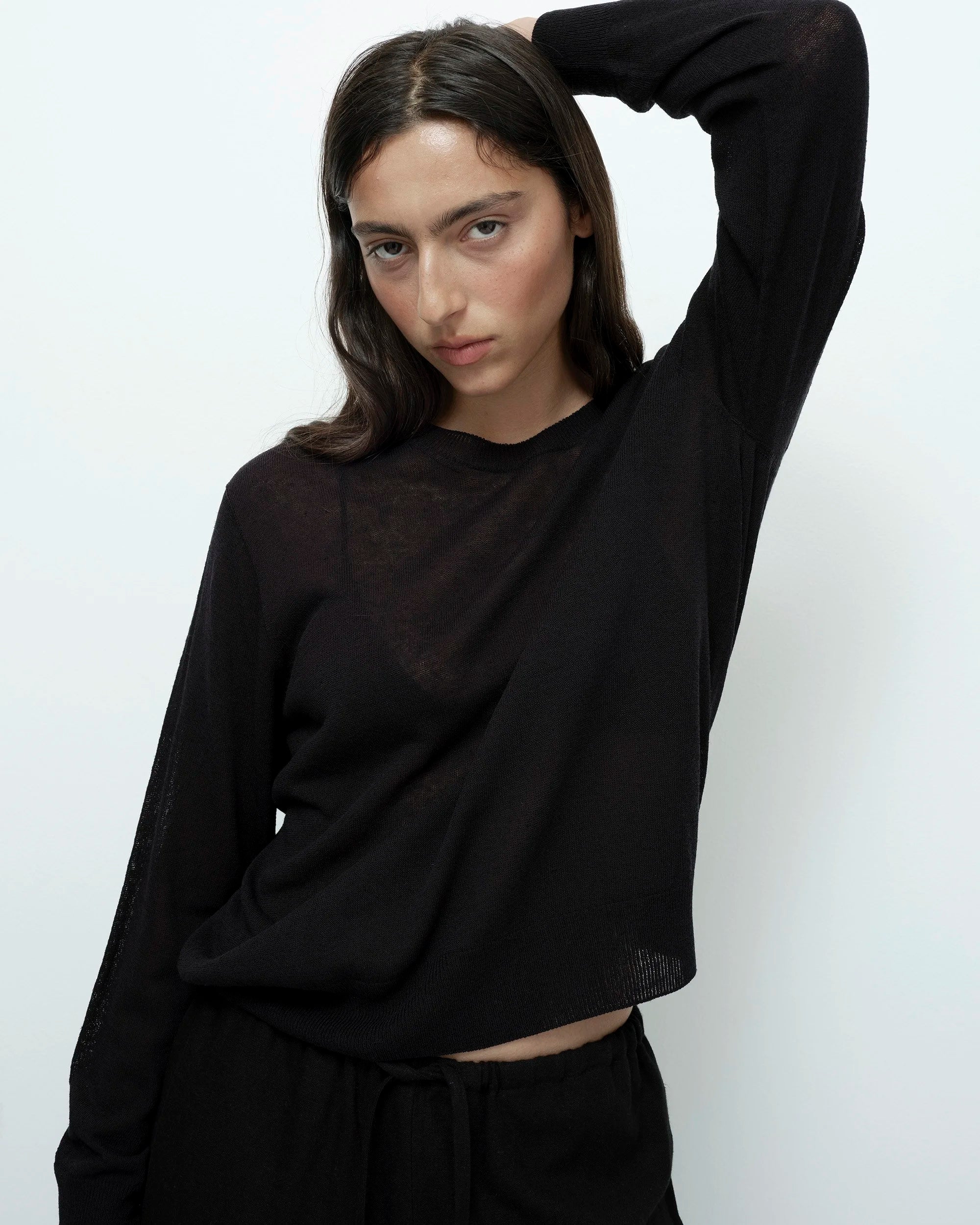 LEO BOUTIQUE Semi Sheer Linen Blend Knit Top | Black MIJEONG PARK