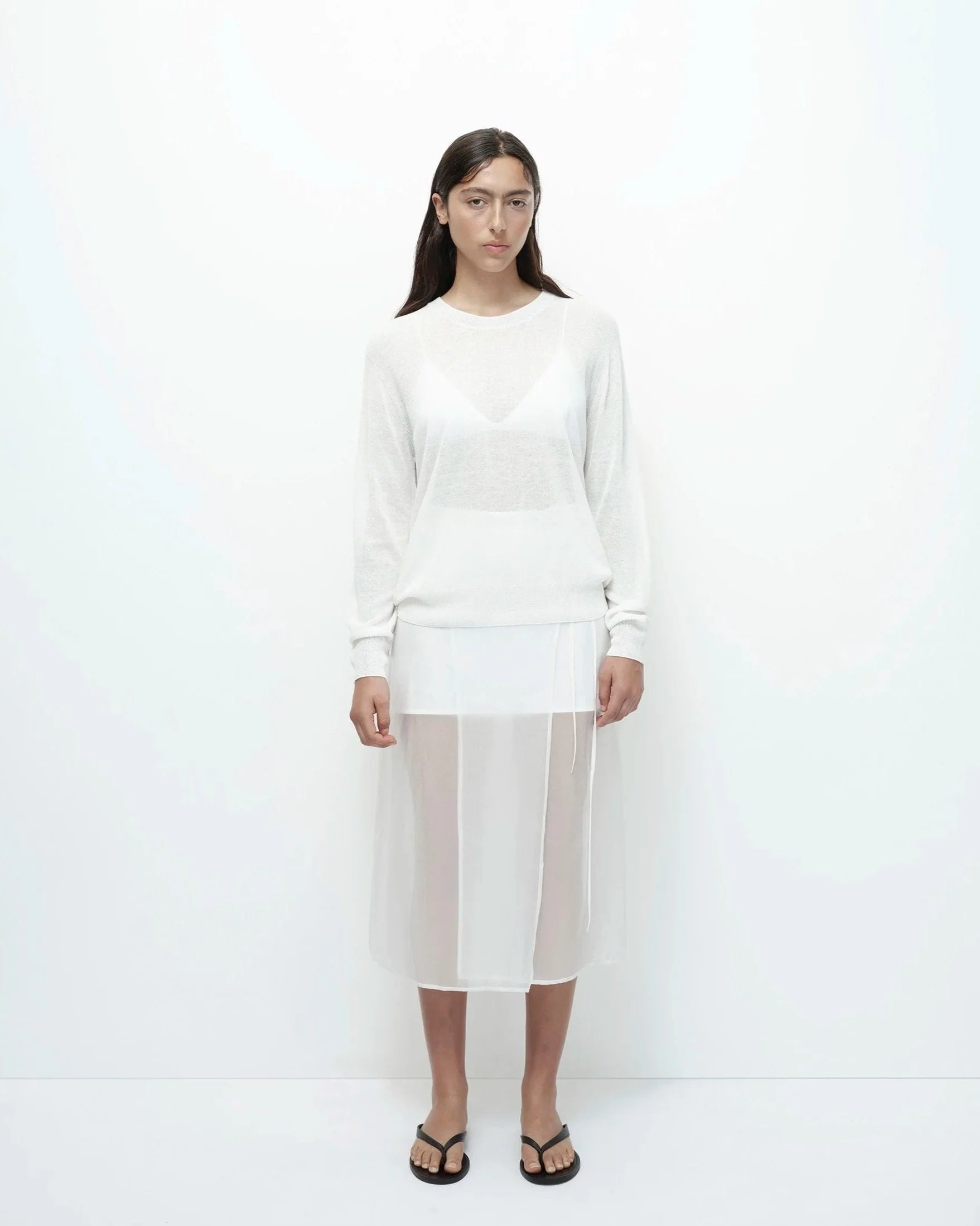 LEO BOUTIQUE Semi Sheer Linen Blend Knit Top | White MIJEONG PARK