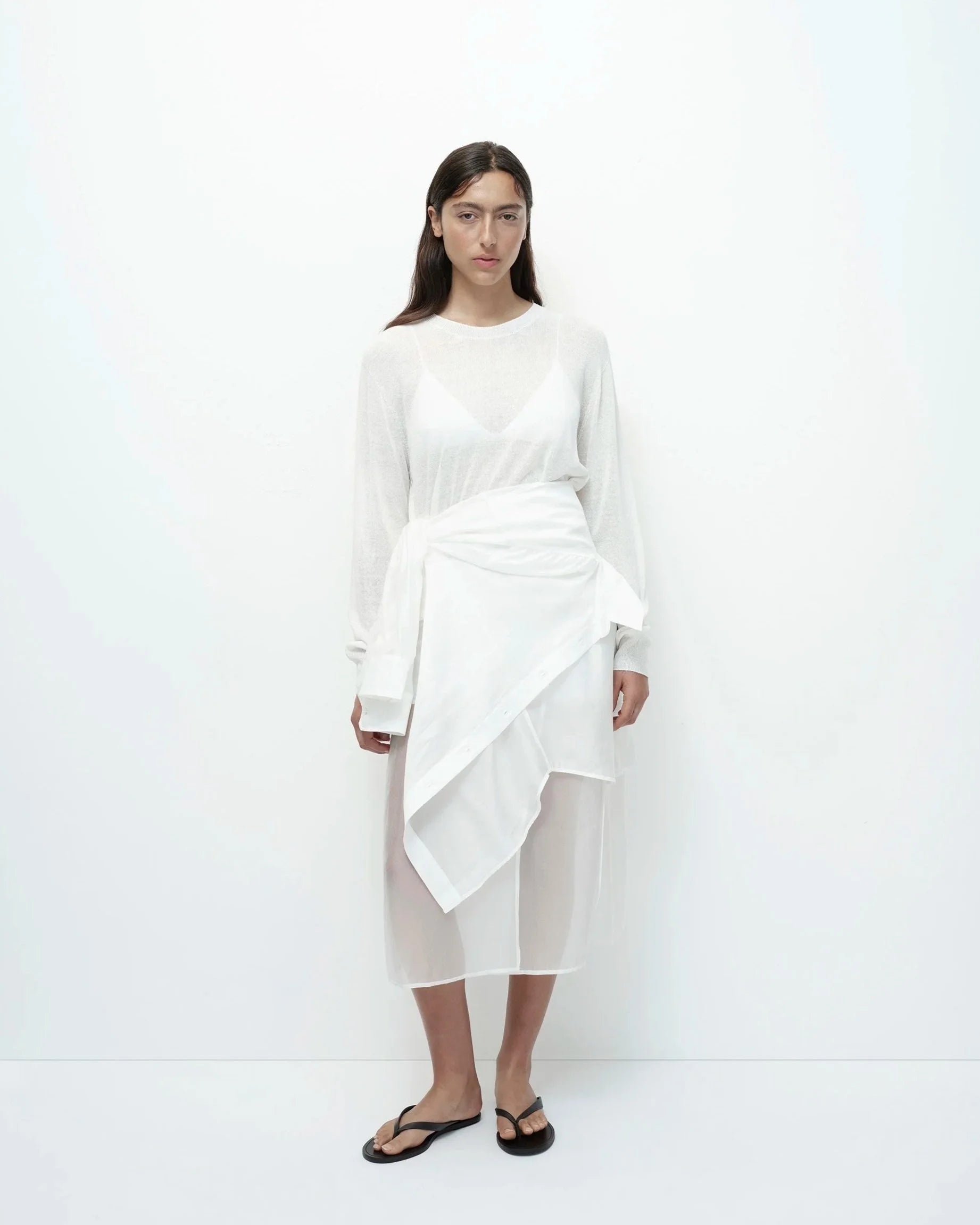 LEO BOUTIQUE Semi Sheer Linen Blend Knit Top | White MIJEONG PARK