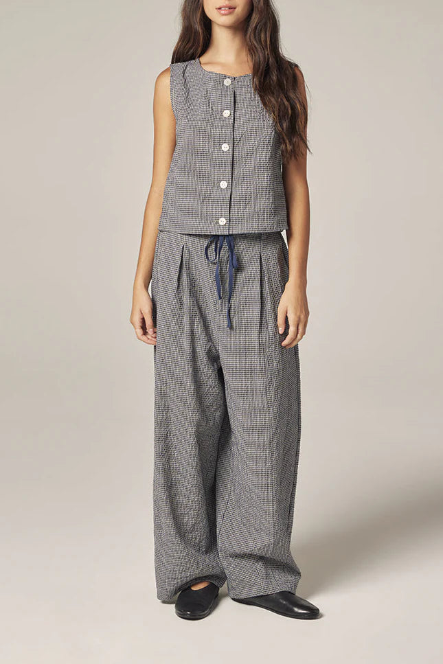 LEO BOUTIQUE Plaid Drawstring Wide Pants | Navy/White AMENTE