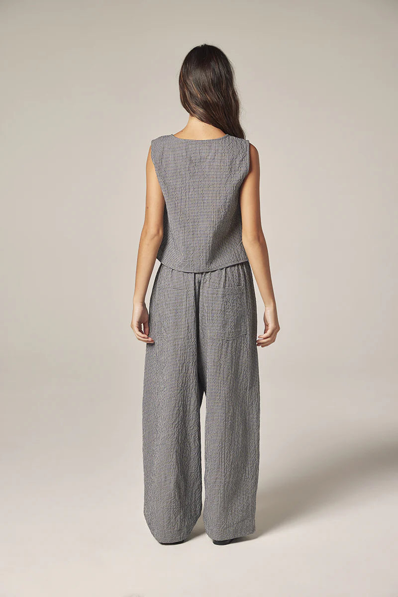 LEO BOUTIQUE Plaid Drawstring Wide Pants | Navy/White AMENTE