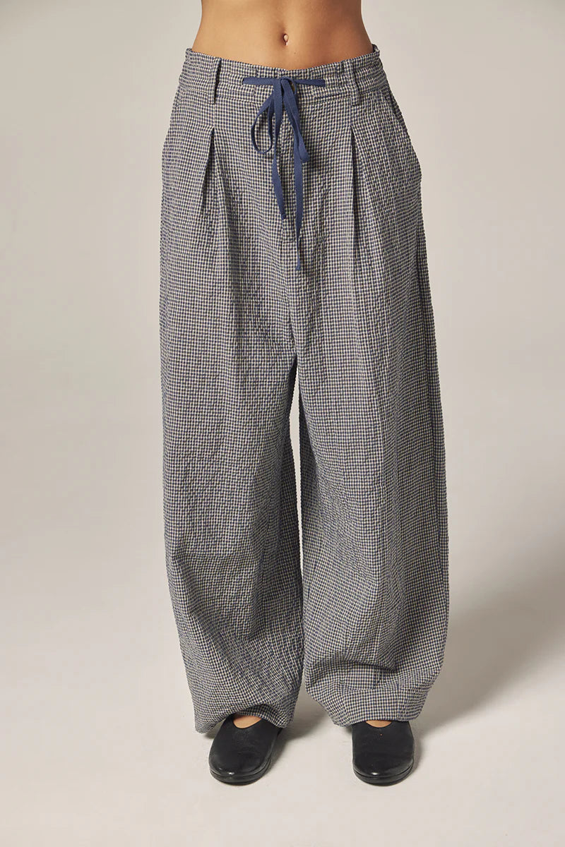 LEO BOUTIQUE Plaid Drawstring Wide Pants | Navy/White AMENTE