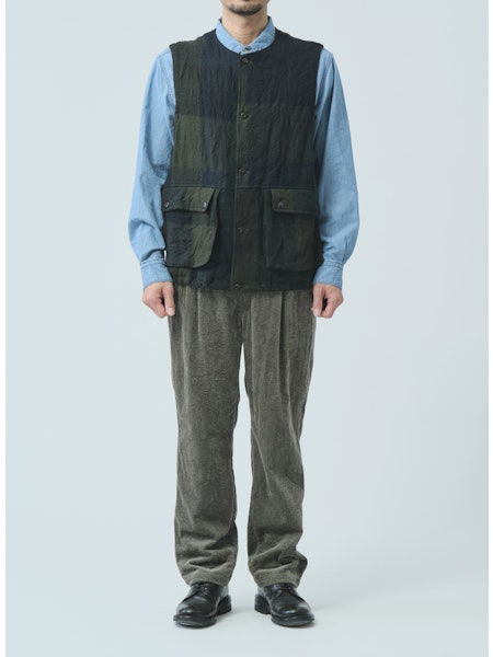 SAGE DE CRET WO Panel Check Washed Long Field Vest | Olive LEO BOUTIQUE