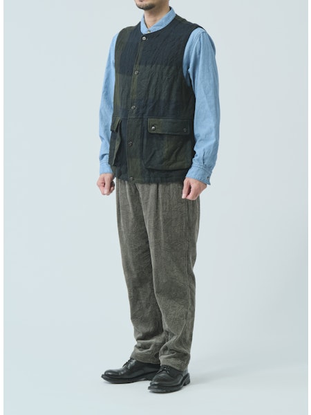 SAGE DE CRET WO Panel Check Washed Long Field Vest | Olive LEO BOUTIQUE