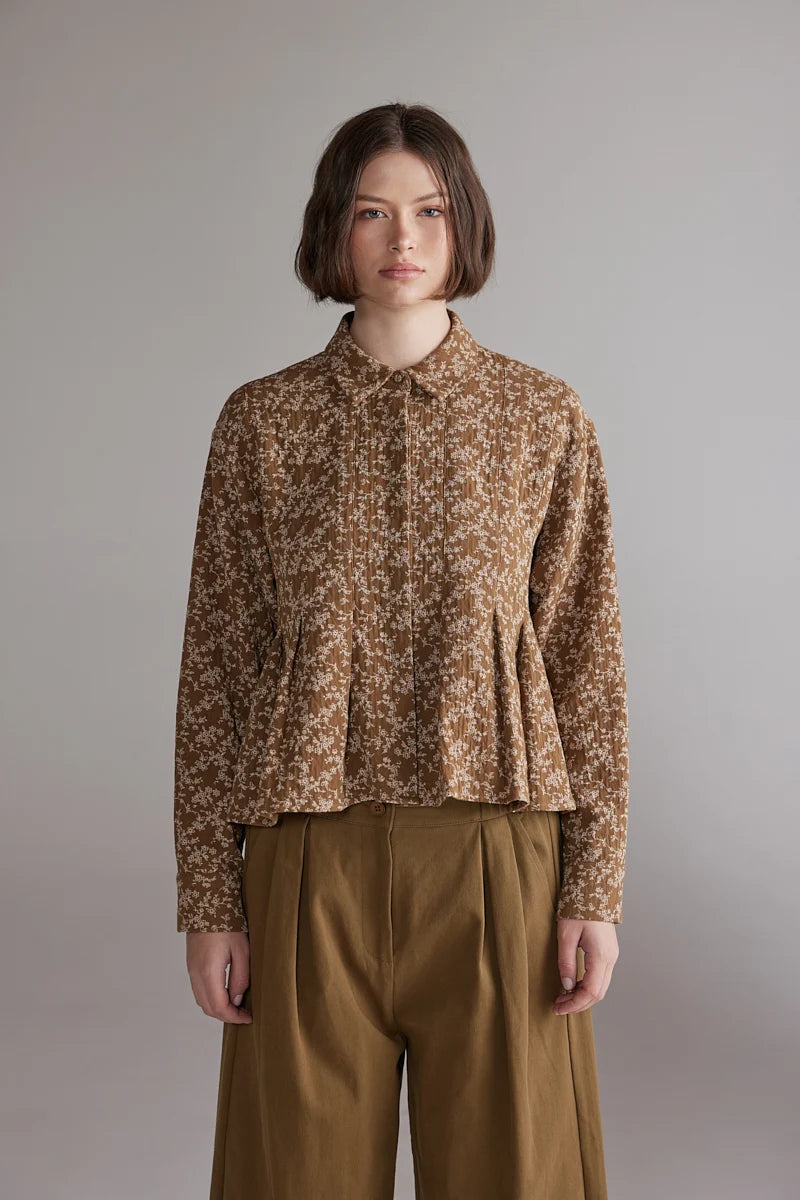 Cotton Printed Pleated Blouse | Gold/Cream