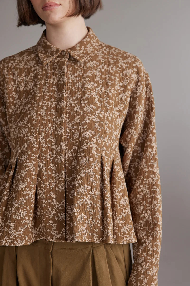Cotton Printed Pleated Blouse | Gold/Cream