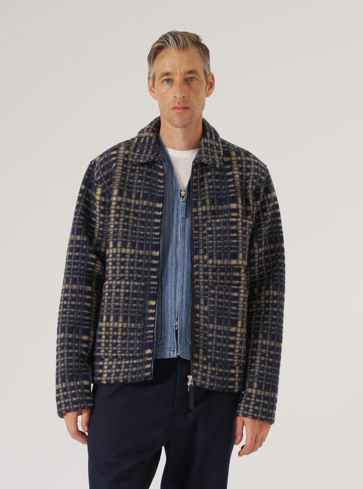 UNIVERSAL WORKS Zip Uniform Jacket | Navy Check LEO BOUTIQUE