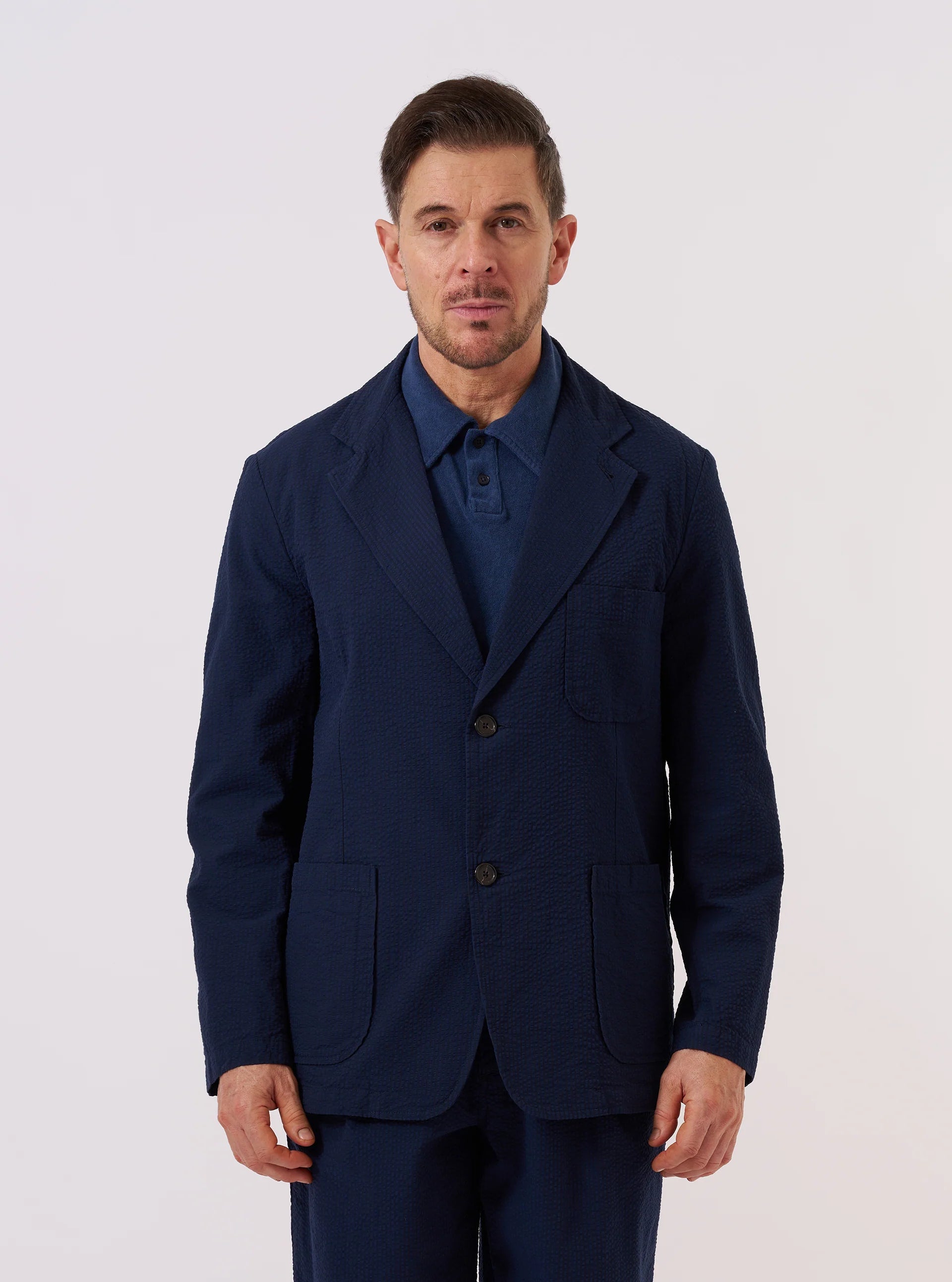 UNIVERSAL WORKS Derby Stripe Two Button Jacket | Navy LEO BOUTIQUE 