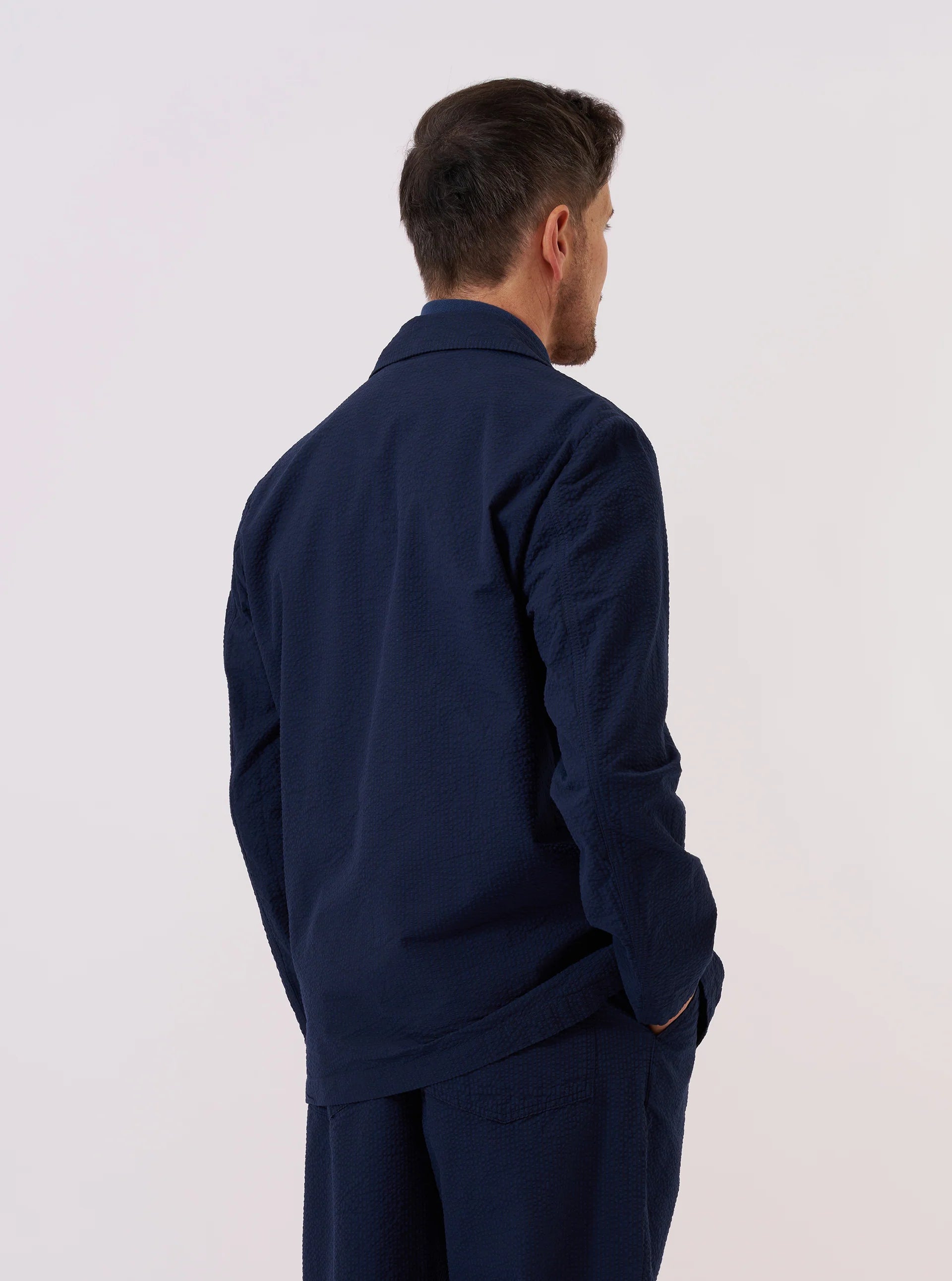 UNIVERSAL WORKS Derby Stripe Two Button Jacket | Navy LEO BOUTIQUE 