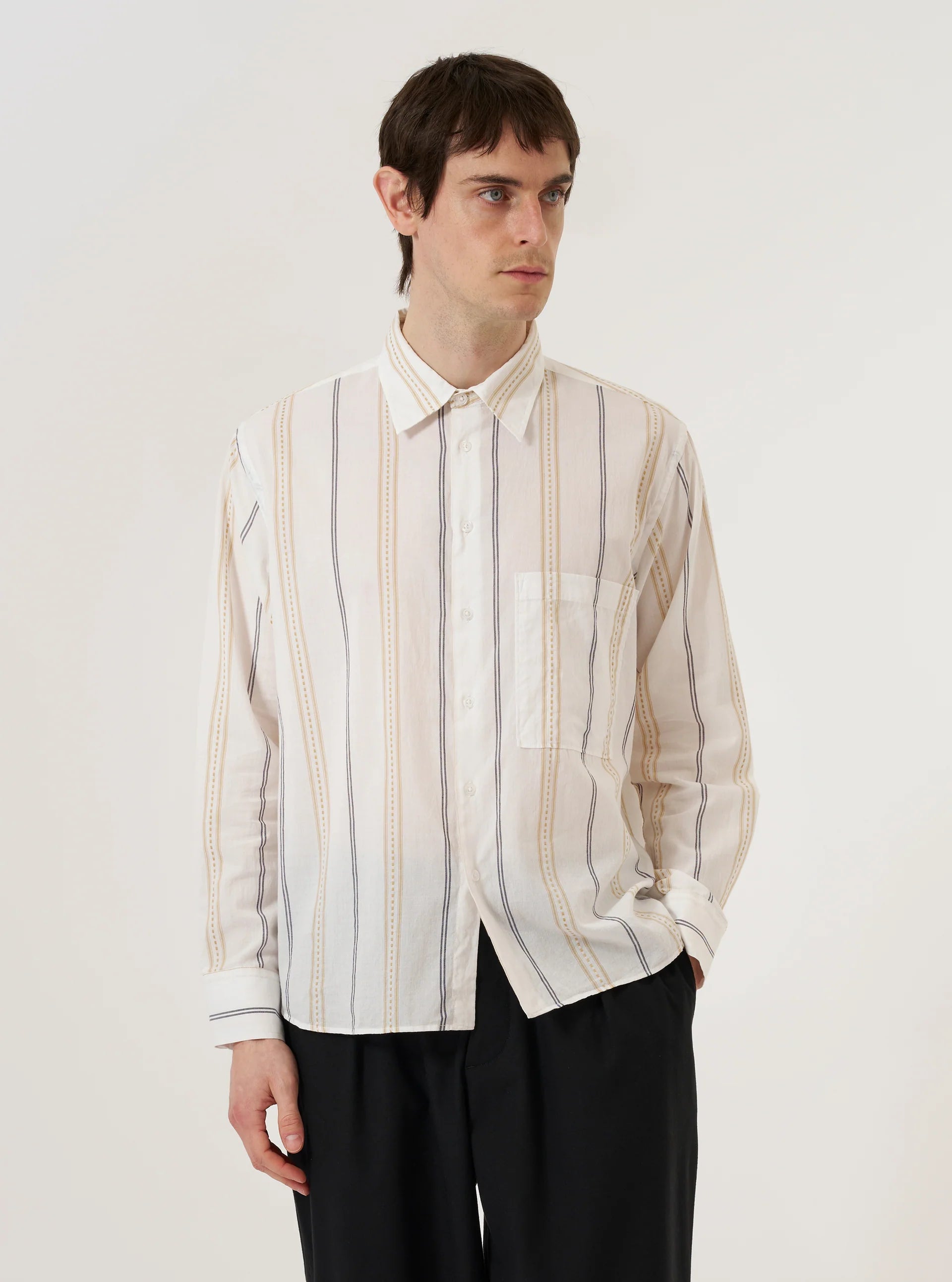 UNIVERSAL WORKS Hendrix Stripe Square Pocket Shirt | Ecru/Navy/Sand Stripe LEO BOUTIQUE 