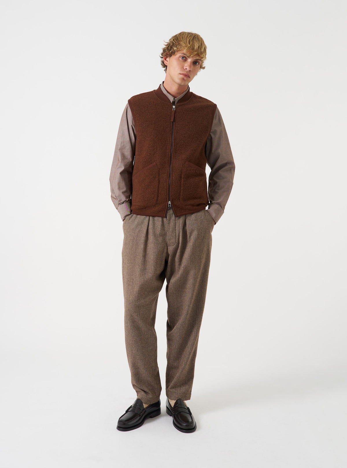 UNIVERSAL WORKS Pleated Track Pant | Wool Herringbone | Brown LEO BOUTIQUE