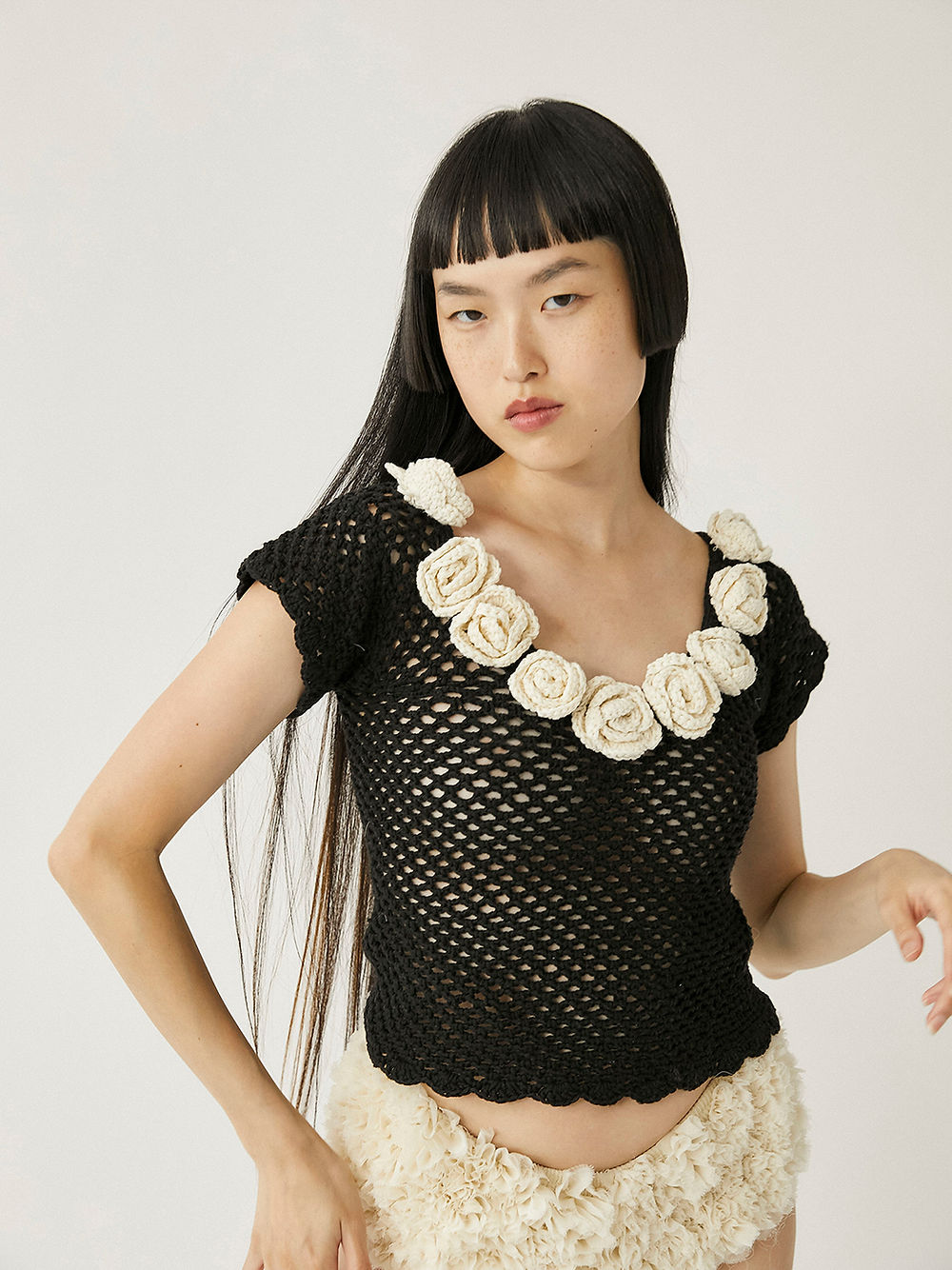 LEO BOUTIQUE Makalu Crochet Top Black w/ Ivory Flowers TACH