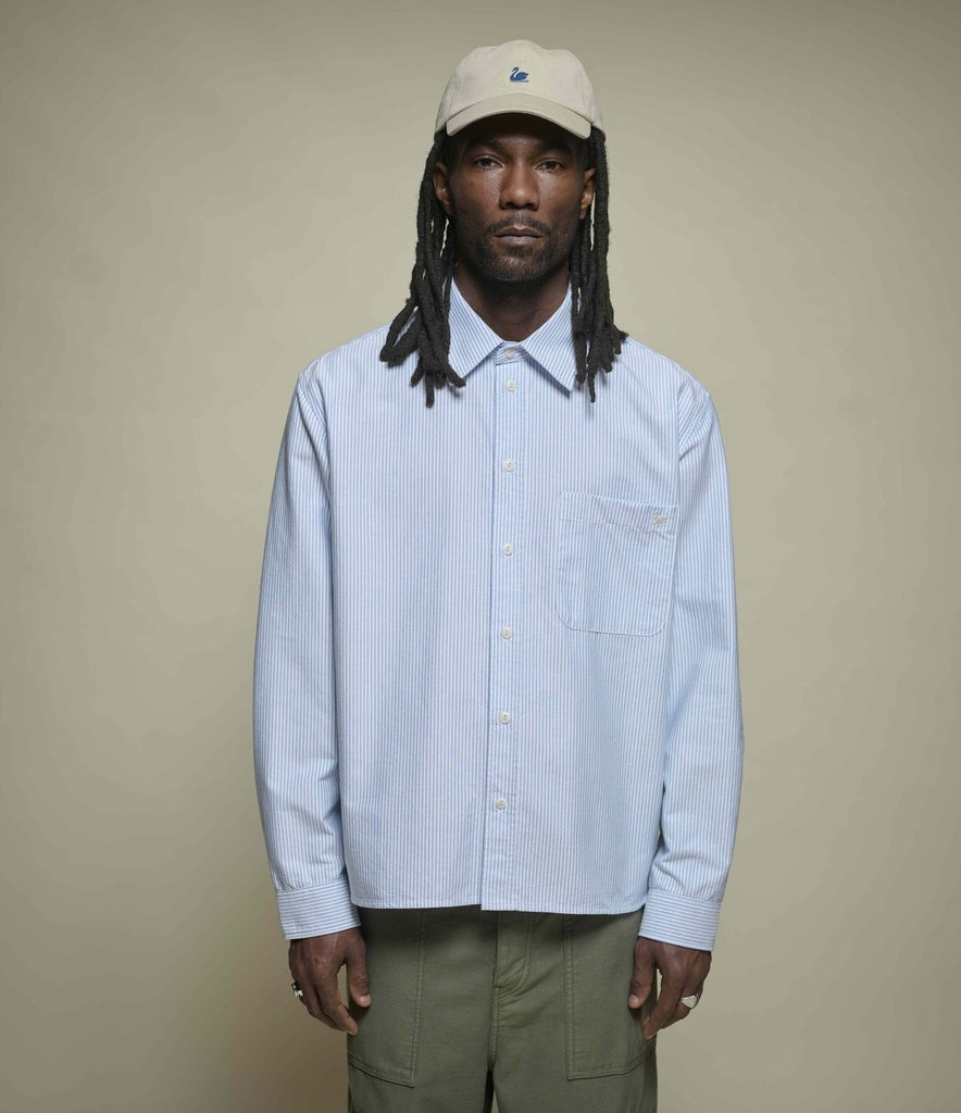 MERZ B. SCHWANEN Shirt 11OX Modern-Cut Cotton Oxford Long Sleeve Shirt | 67ST Stripes Light Blue LEO BOUTIQUE