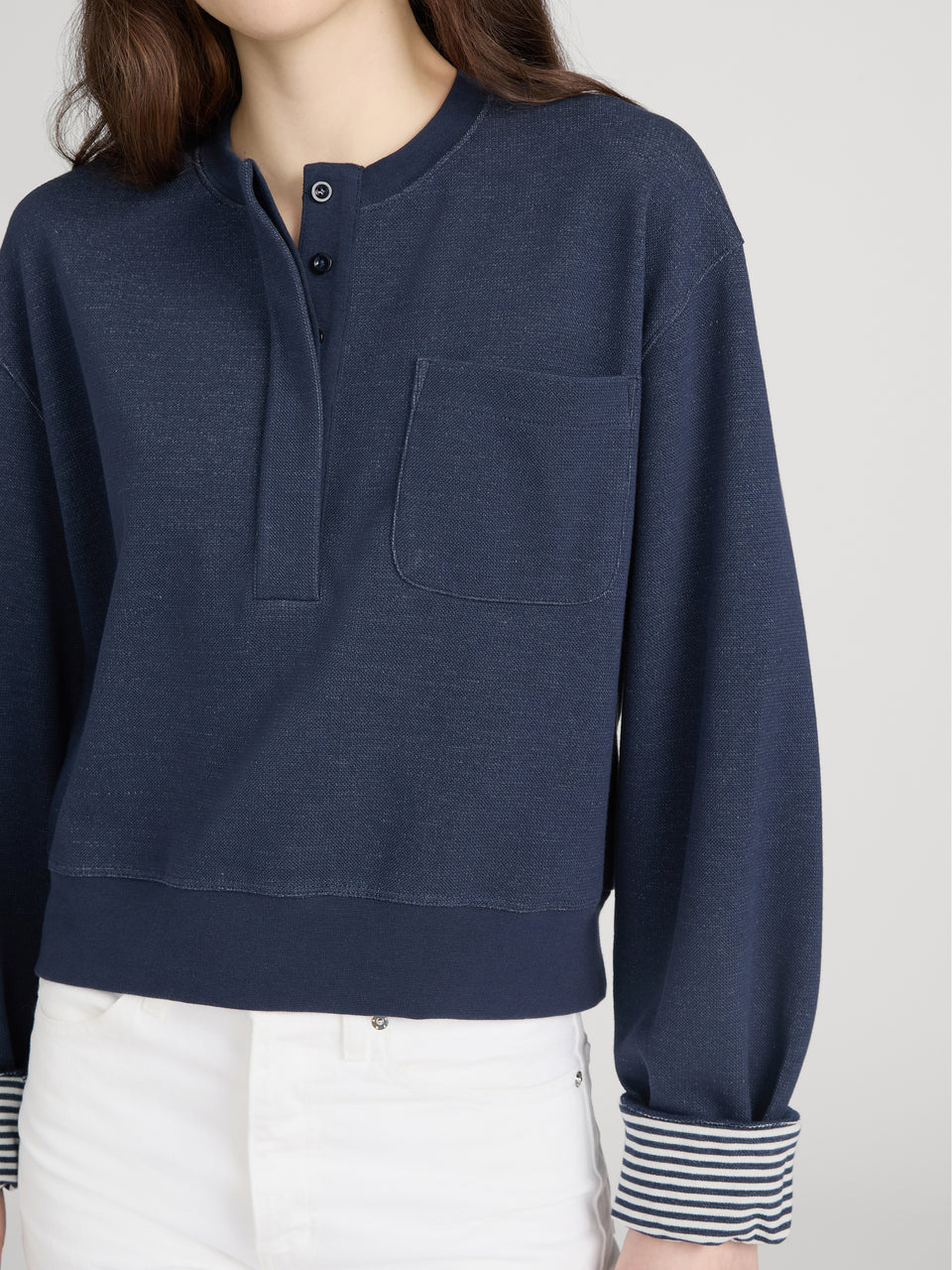 FRAME The Stripe Cuff Sweatshirt | Navy Multi LEO BOUTIQUE 