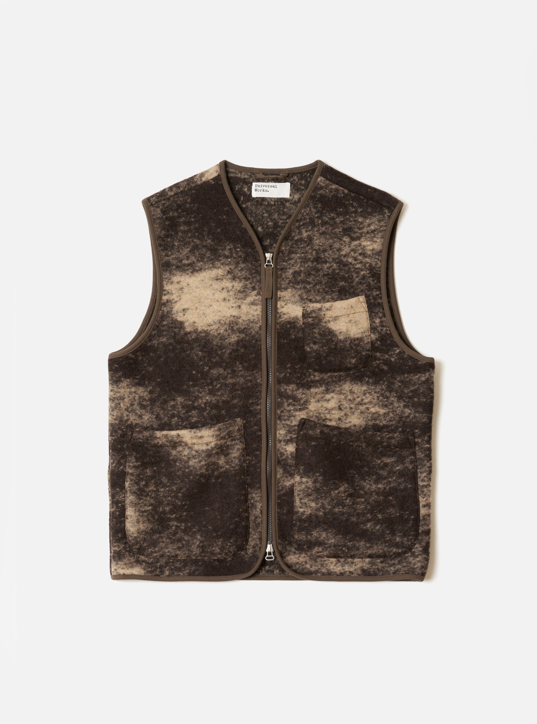 UNIVERSAL WORKS Zip Gilet | Brown Cloud Camo LEO BOUTIQUE