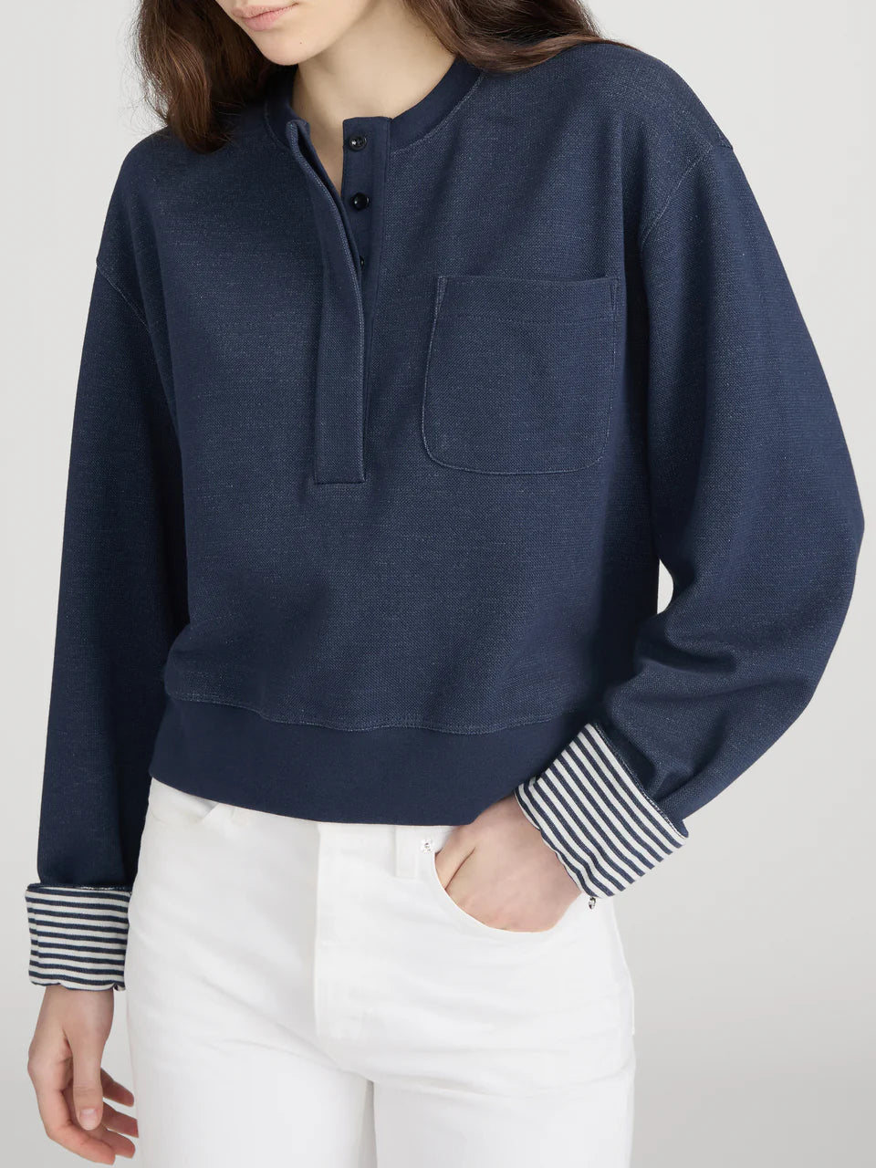 FRAME The Stripe Cuff Sweatshirt | Navy Multi LEO BOUTIQUE 