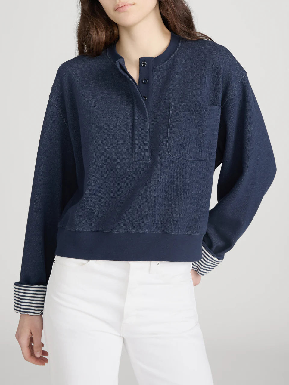 FRAME The Stripe Cuff Sweatshirt | Navy Multi LEO BOUTIQUE 