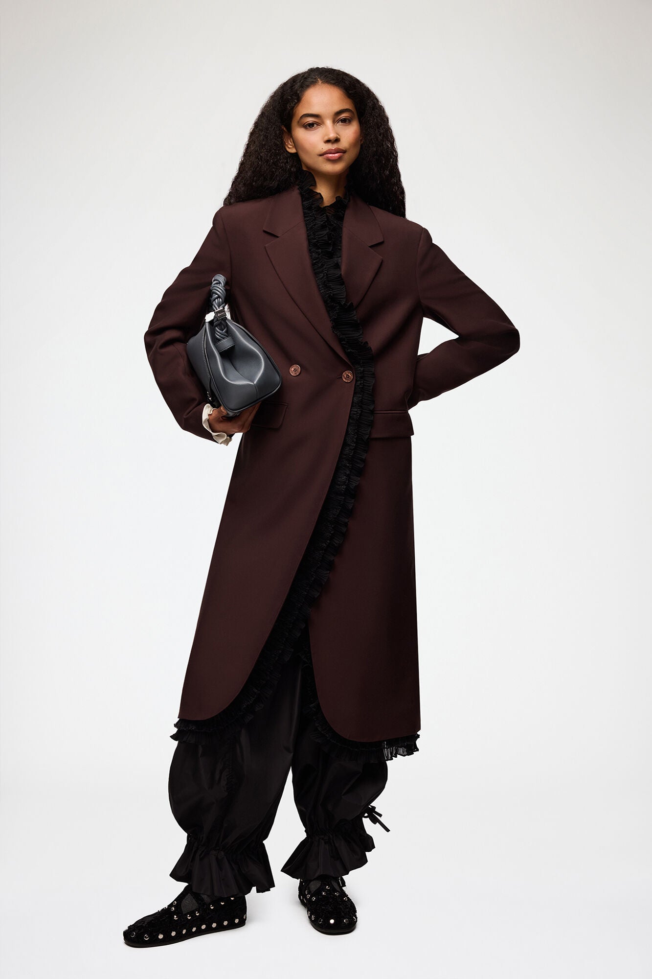 LEO BOUTIQUE Double Wool Viscose Suiting Long Blazer | Chocolate Plum GANNI