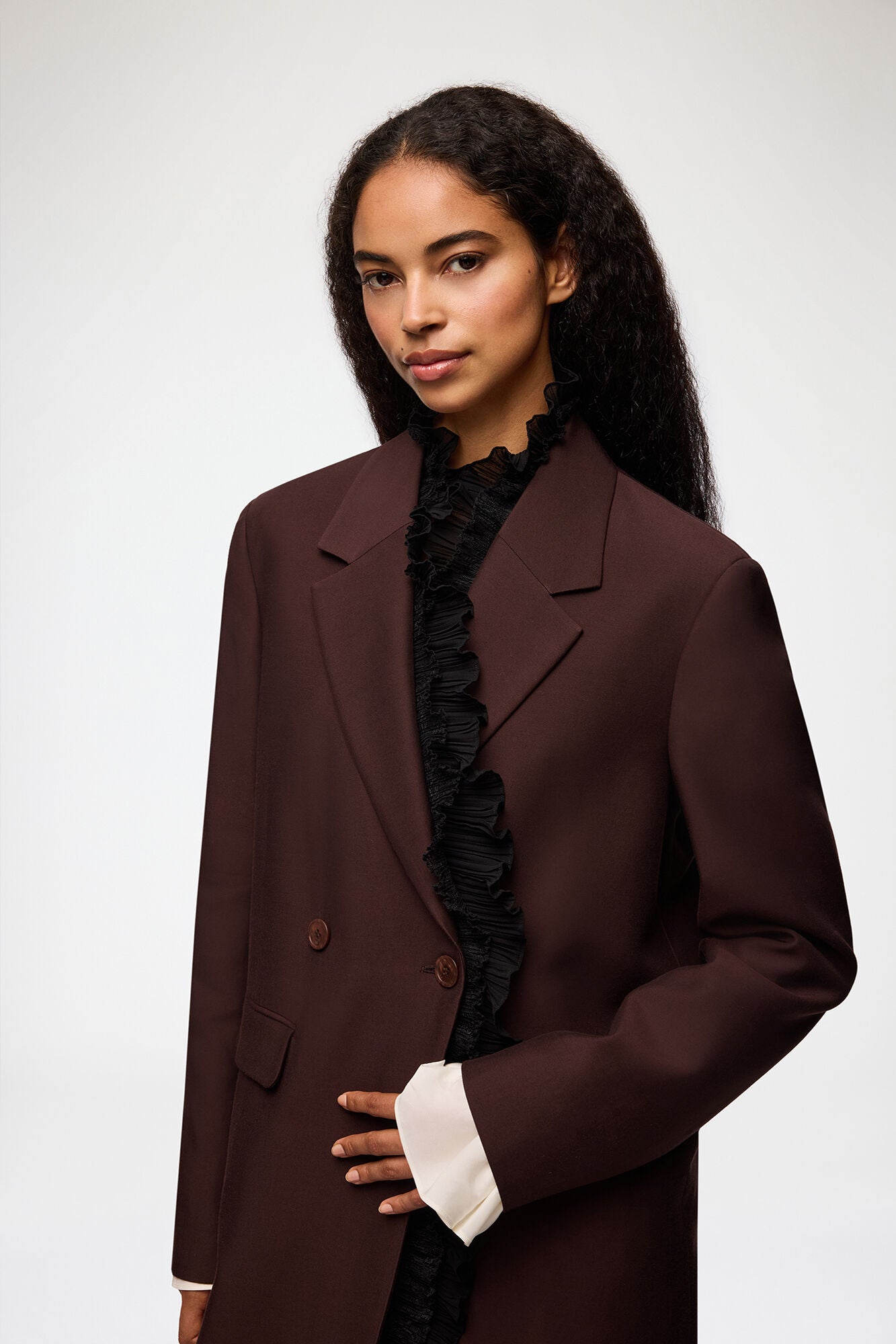 LEO BOUTIQUE Double Wool Viscose Suiting Long Blazer | Chocolate Plum GANNI