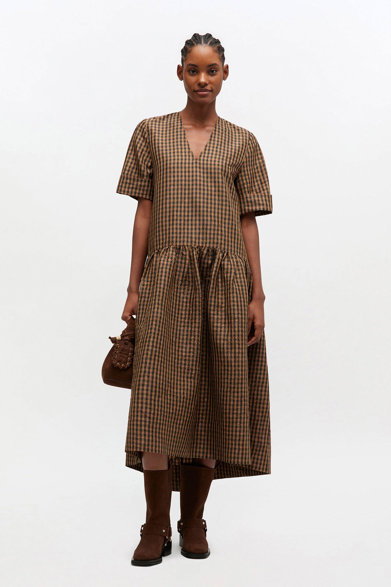 LEO BOUTIQUE Crinkled Taffeta Check Long Dress | Tobacco Brown GANNI 