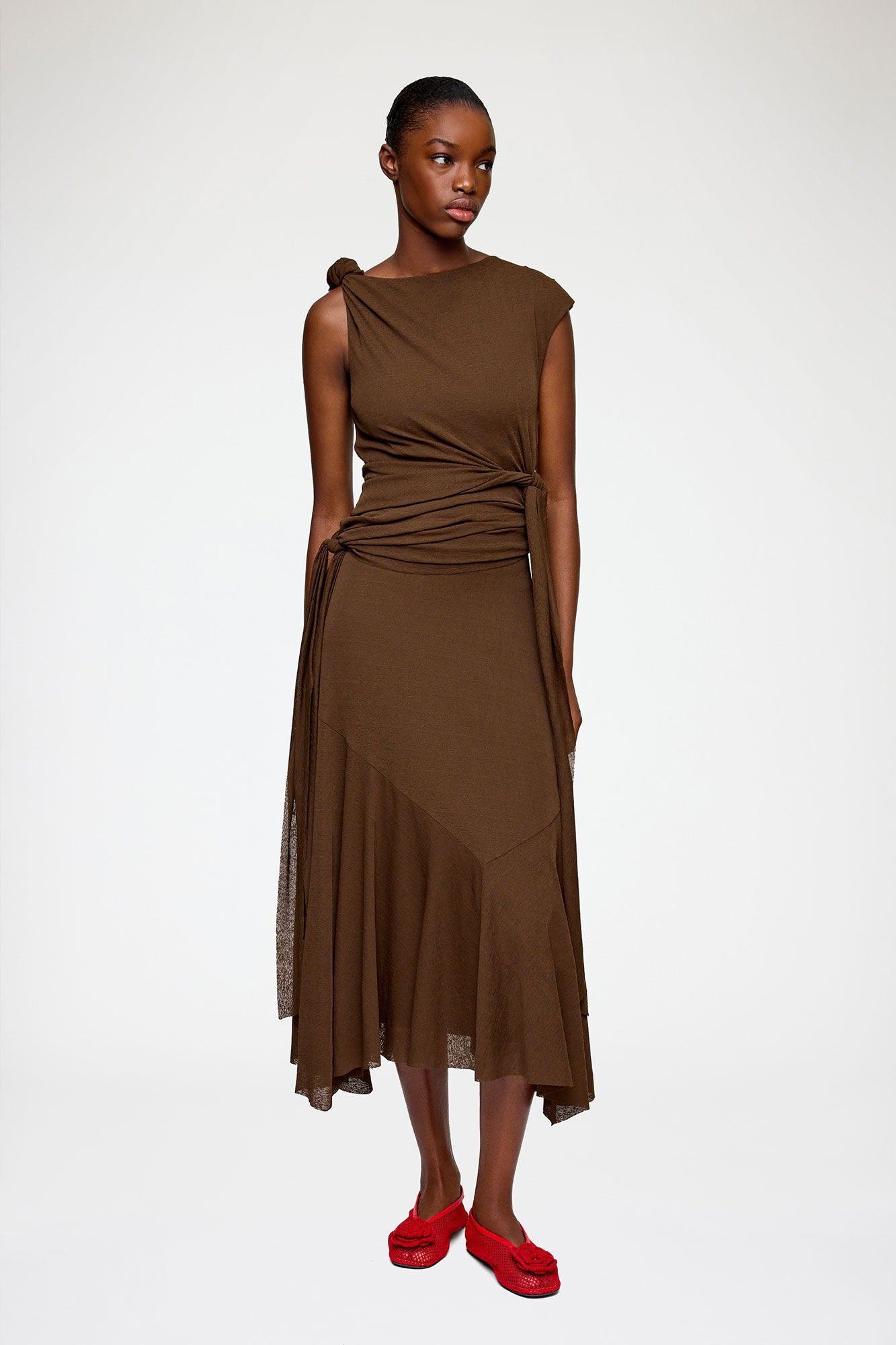 LEO BOUTIQUE Marl Mesh Draped Knot Detailing Long Dress | Chocolate GANNI