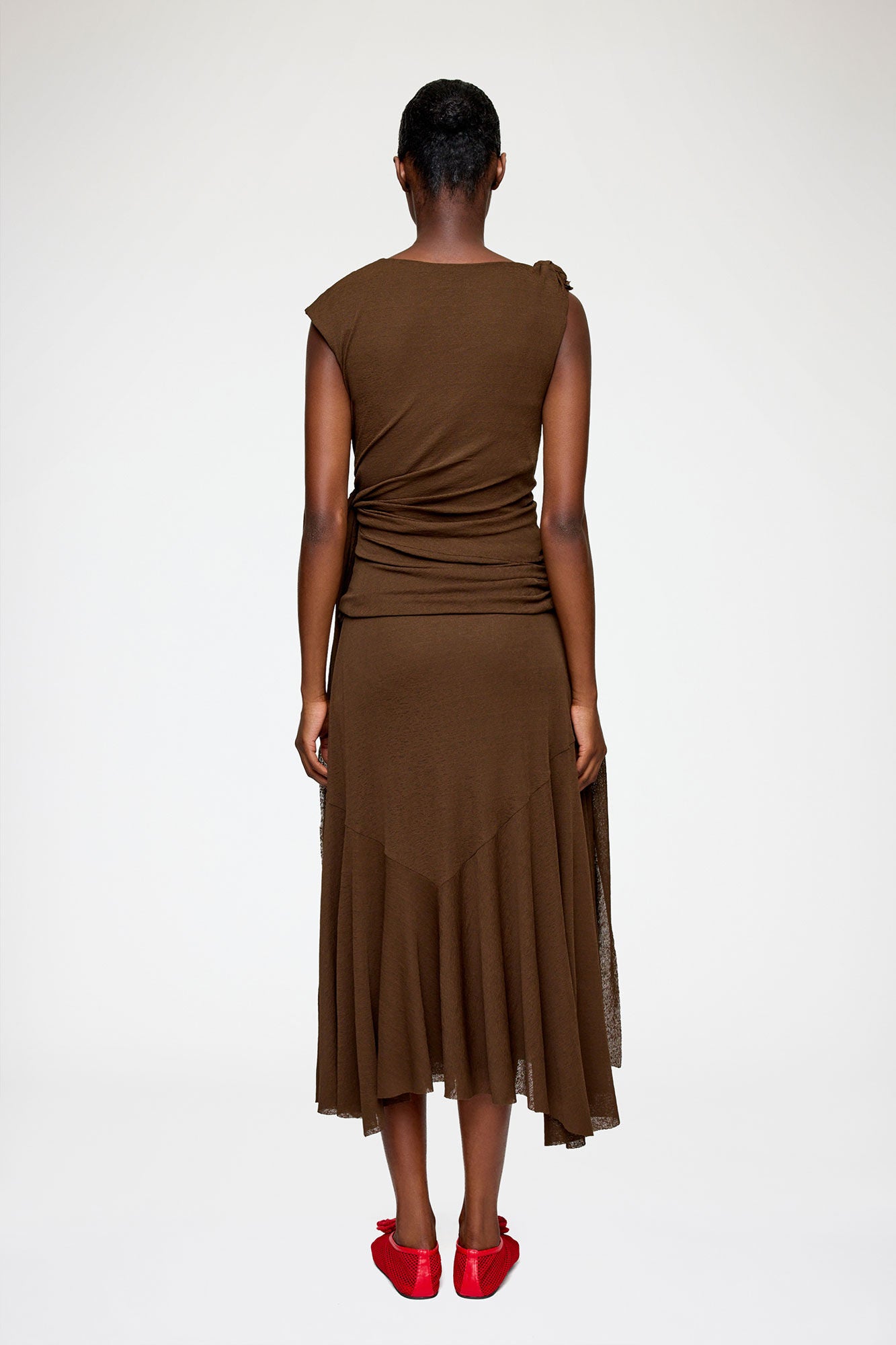 LEO BOUTIQUE Marl Mesh Draped Knot Detailing Long Dress | Chocolate GANNI