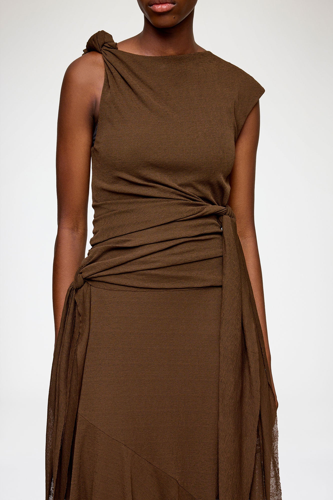 LEO BOUTIQUE Marl Mesh Draped Knot Detailing Long Dress | Chocolate GANNI