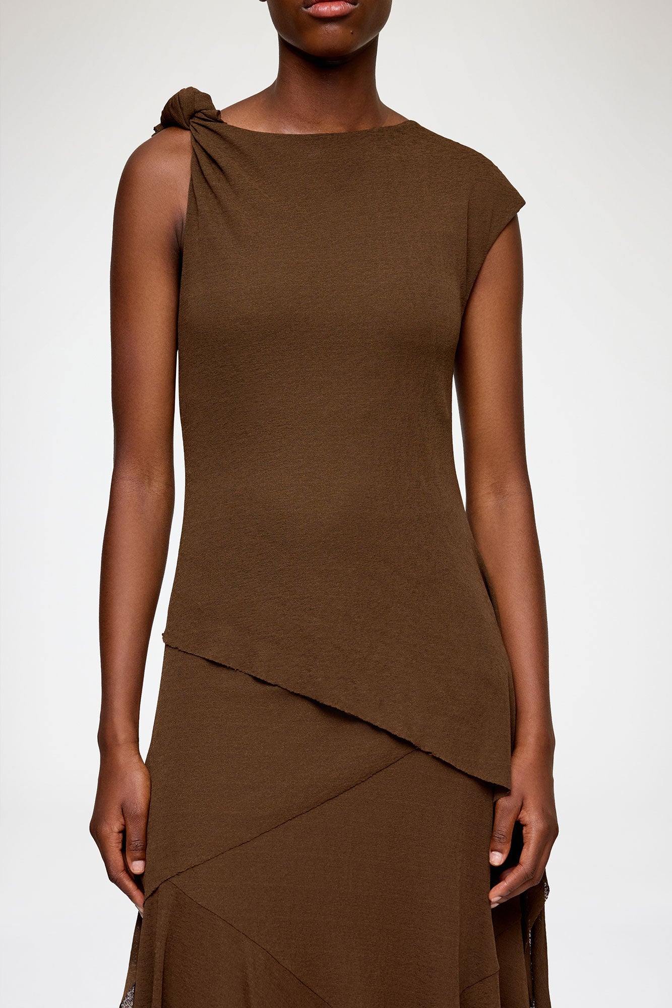 LEO BOUTIQUE Marl Mesh Draped Knot Detailing Long Dress | Chocolate GANNI