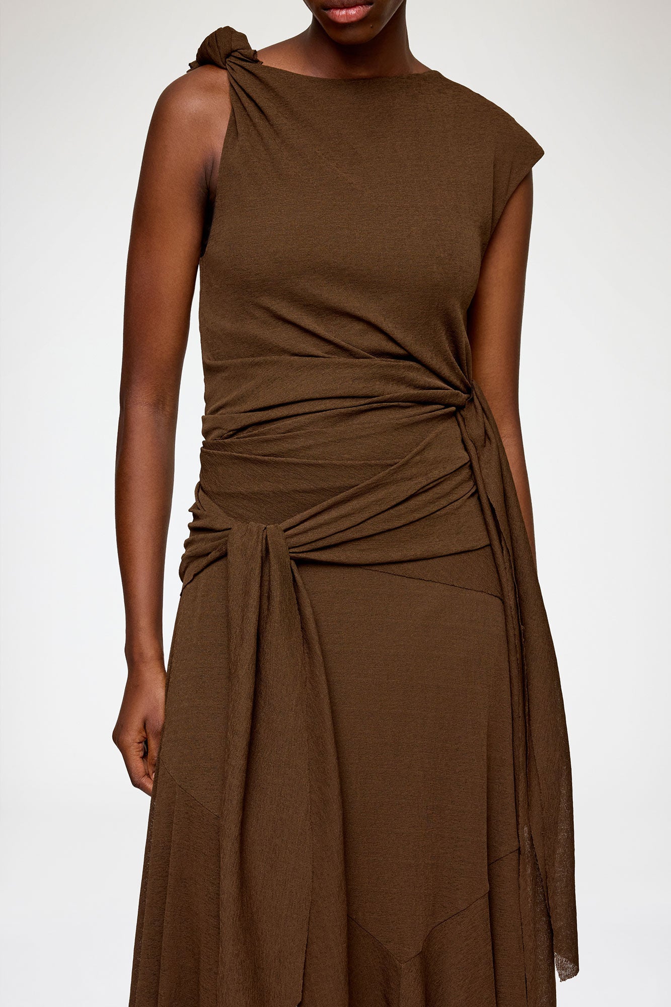 LEO BOUTIQUE Marl Mesh Draped Knot Detailing Long Dress | Chocolate GANNI