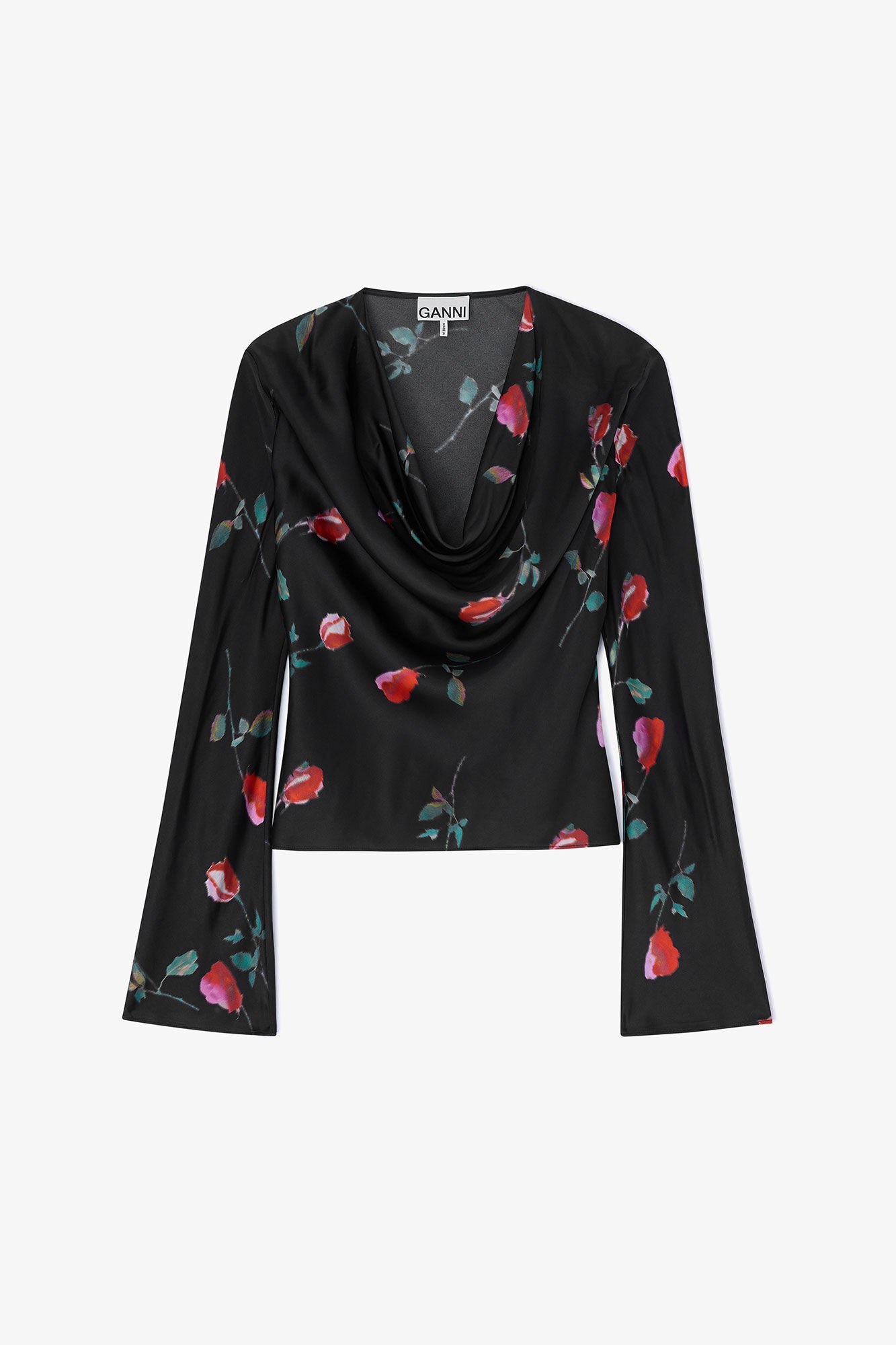 GANNI Printed Stretch Satin Blouse | Black LEO BOUTIQUE