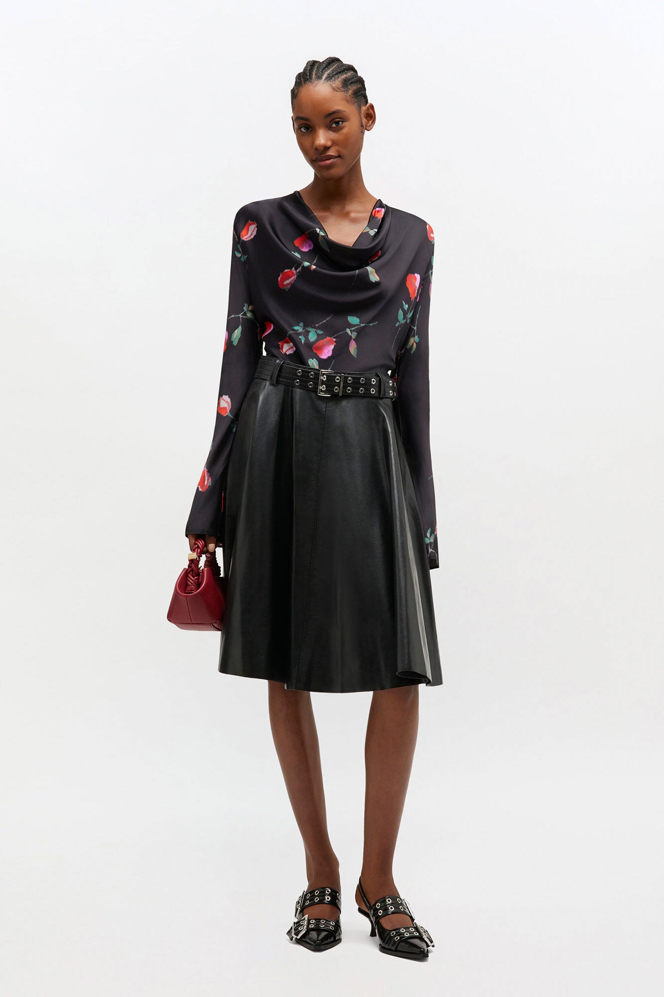 GANNI Printed Stretch Satin Blouse | Black LEO BOUTIQUE