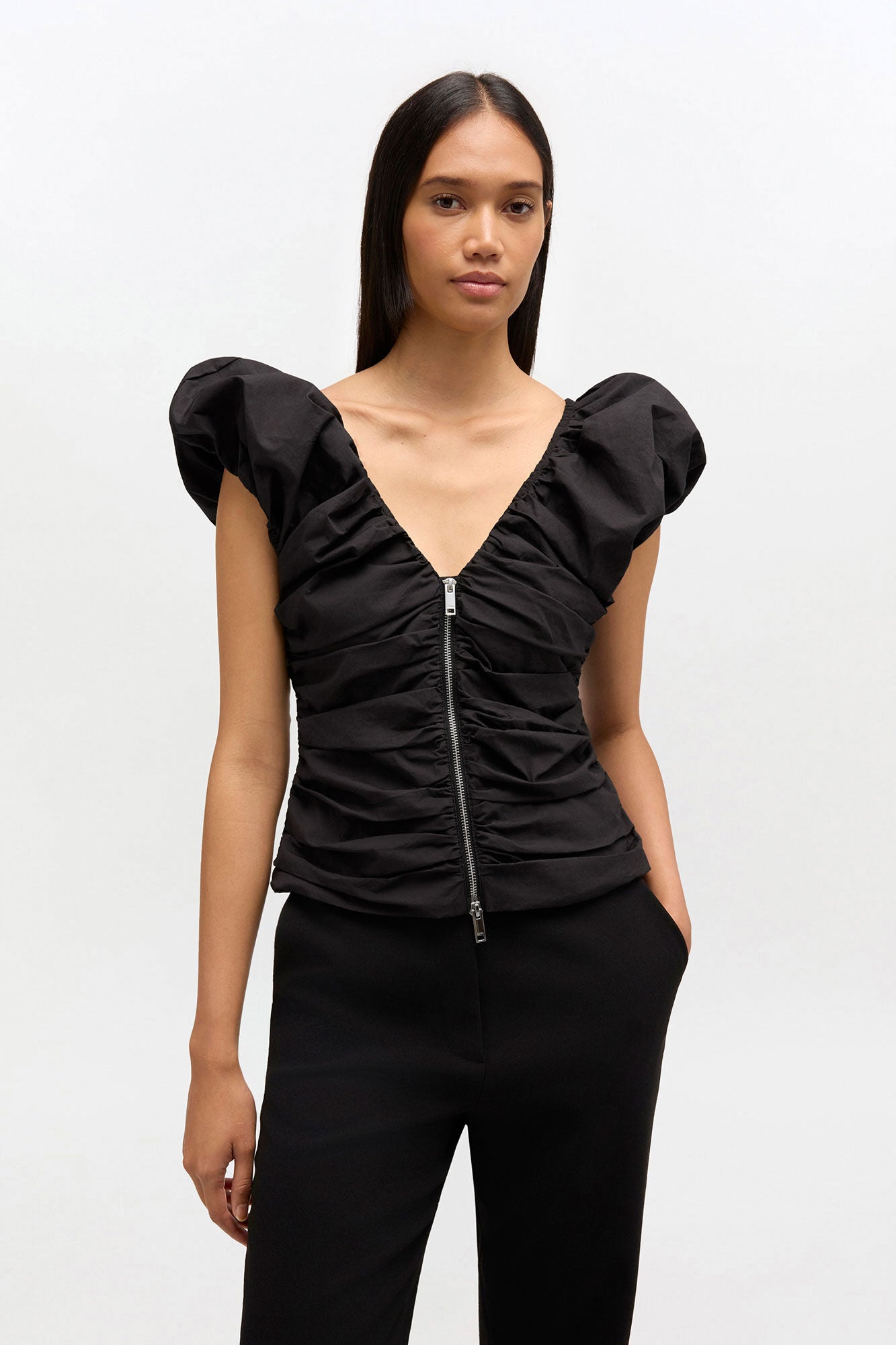 GANNI Stretch Cotton Ruched Top | Black LEO BOUTIQUE
