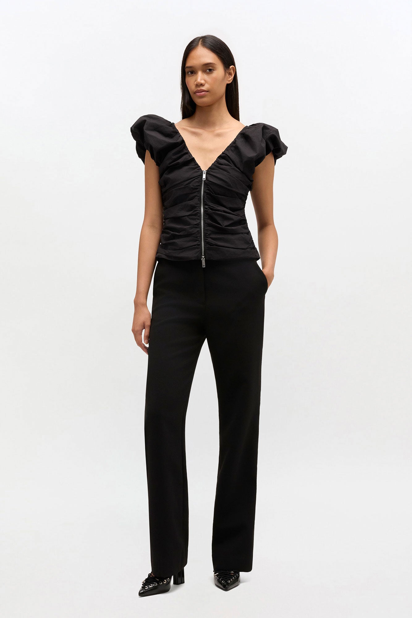 GANNI Stretch Cotton Ruched Top | Black LEO BOUTIQUE