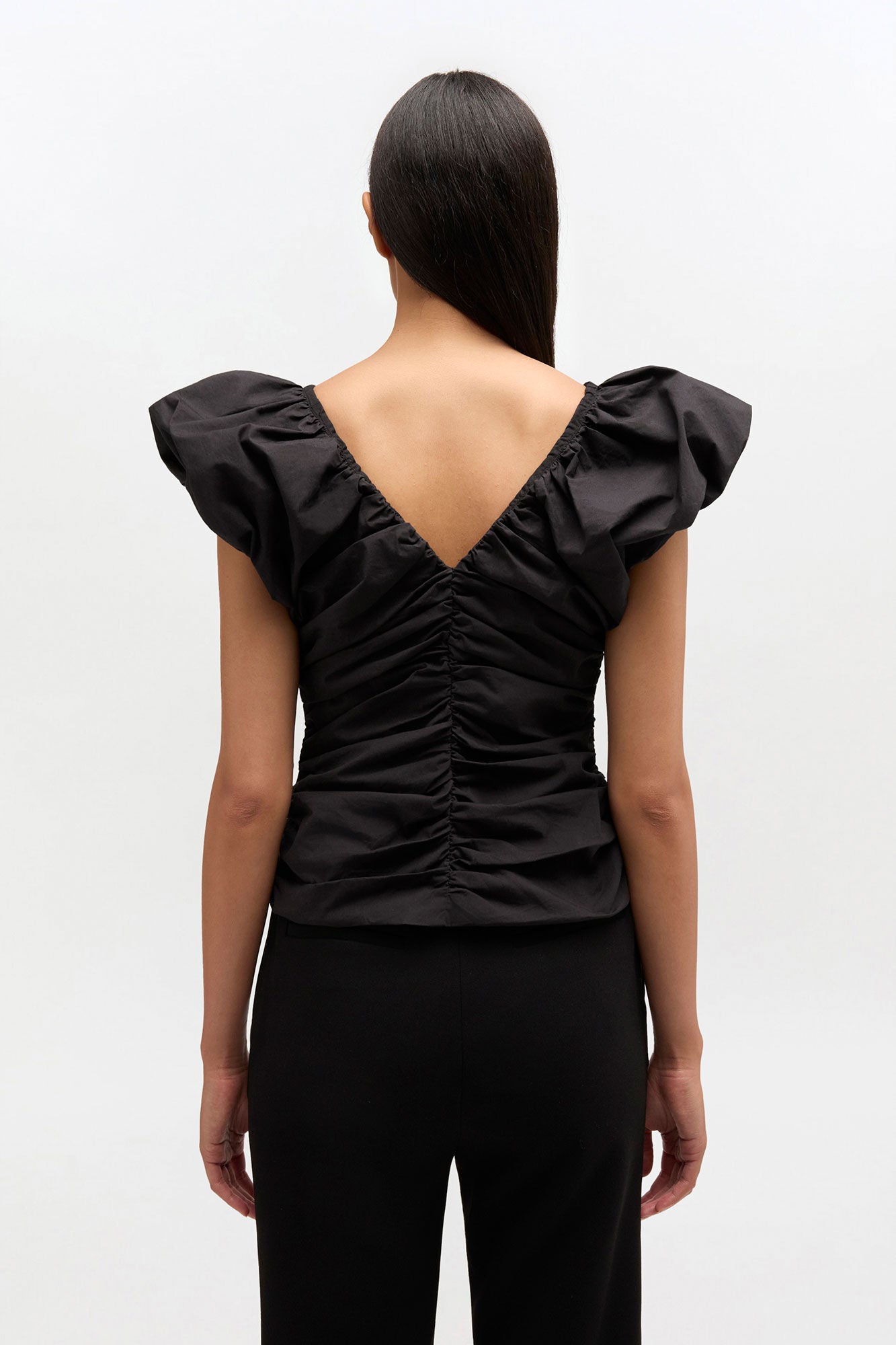 GANNI Stretch Cotton Ruched Top | Black LEO BOUTIQUE