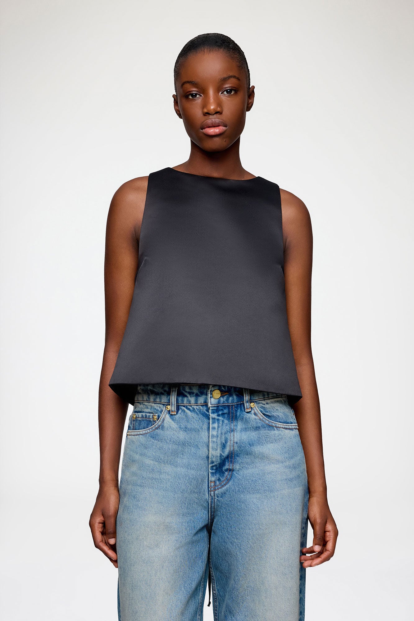 LEO BOUTIQUE Duchesse Satin Crossover Open Back Top | Black GANNI