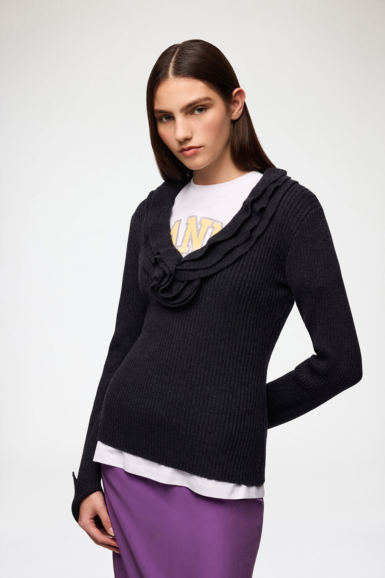 LEO BOUTIQUE Ribbed Merino Frill Top | Phantom GANNI 