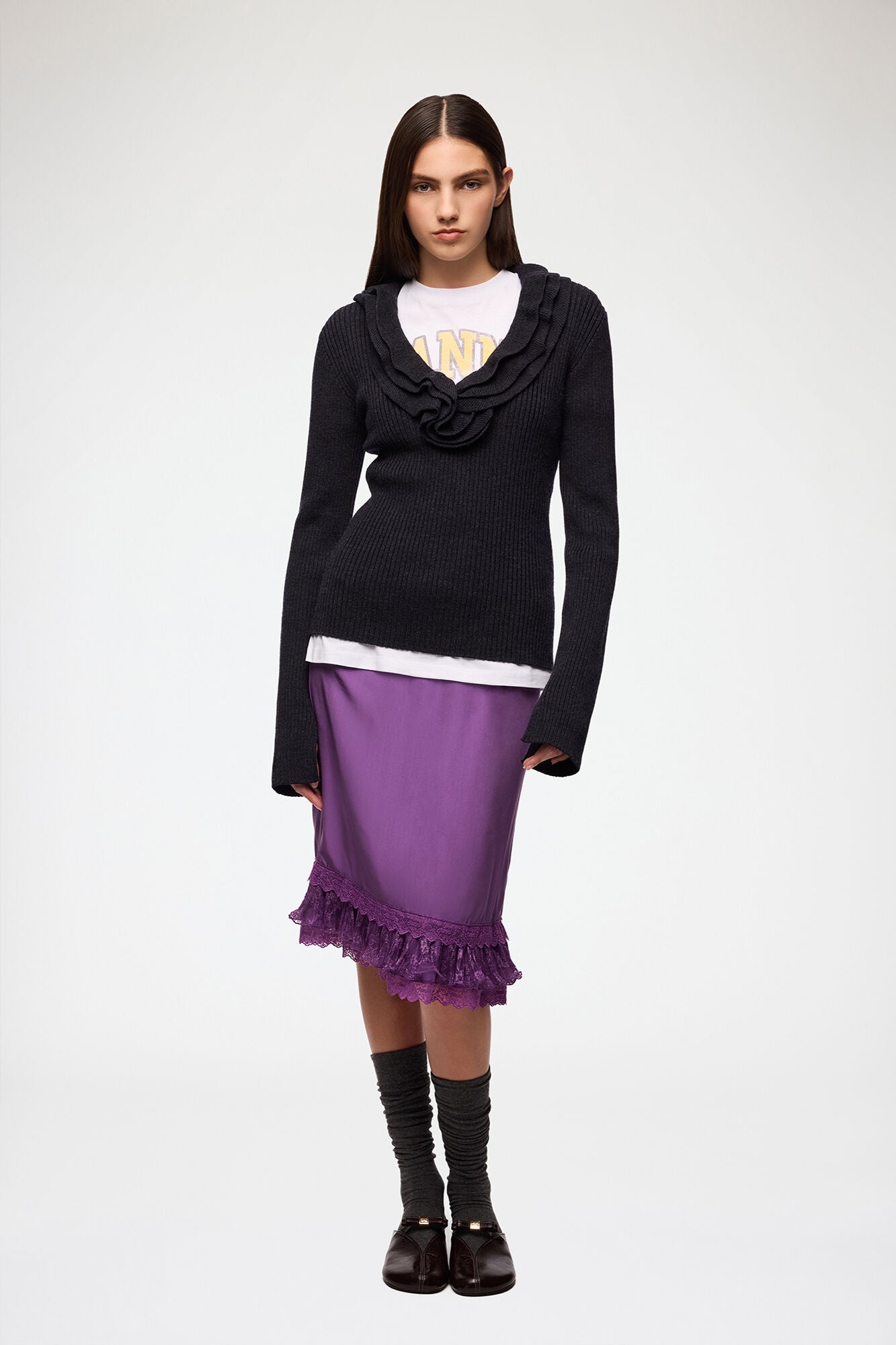 LEO BOUTIQUE Ribbed Merino Frill Top | Phantom GANNI 
