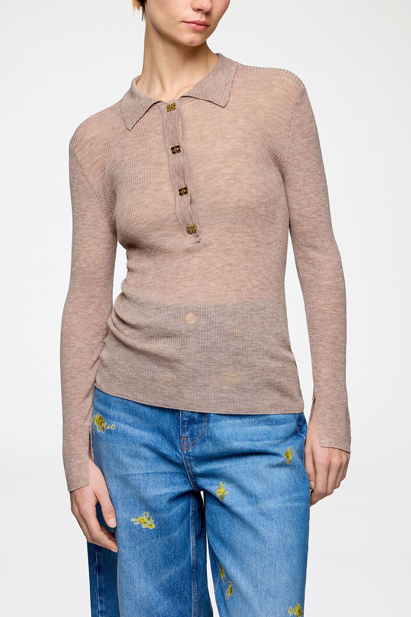 LEO BOUTIQUE Sheer Wool Ribbed Polo | Safari GANNI
