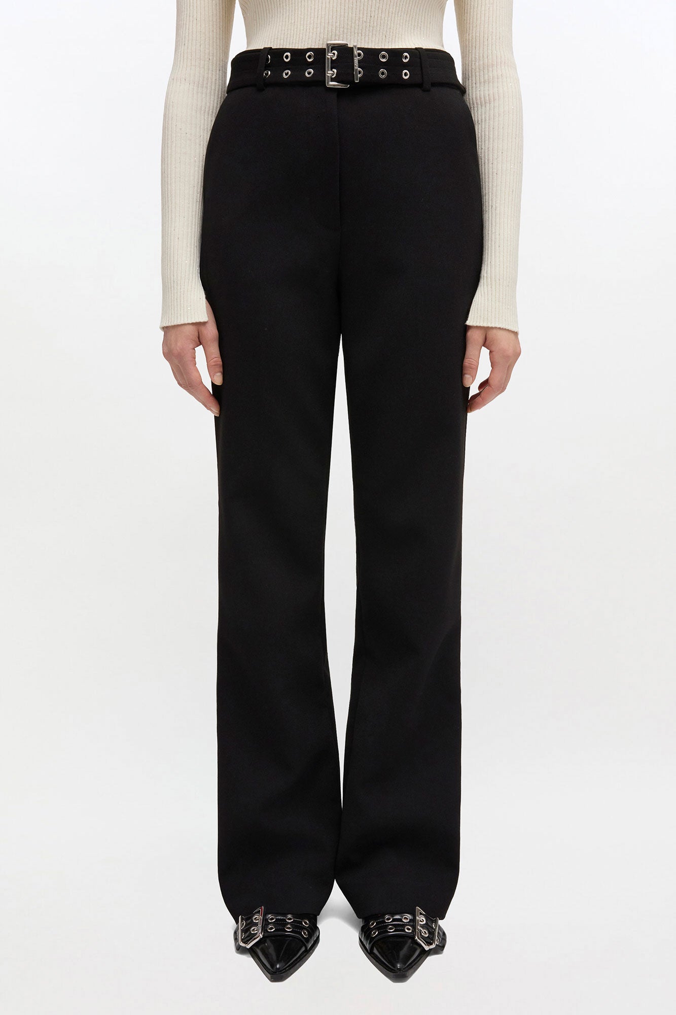 GANNI Bonded Crepe Belted Pant | Black LEO BOUTIQUE