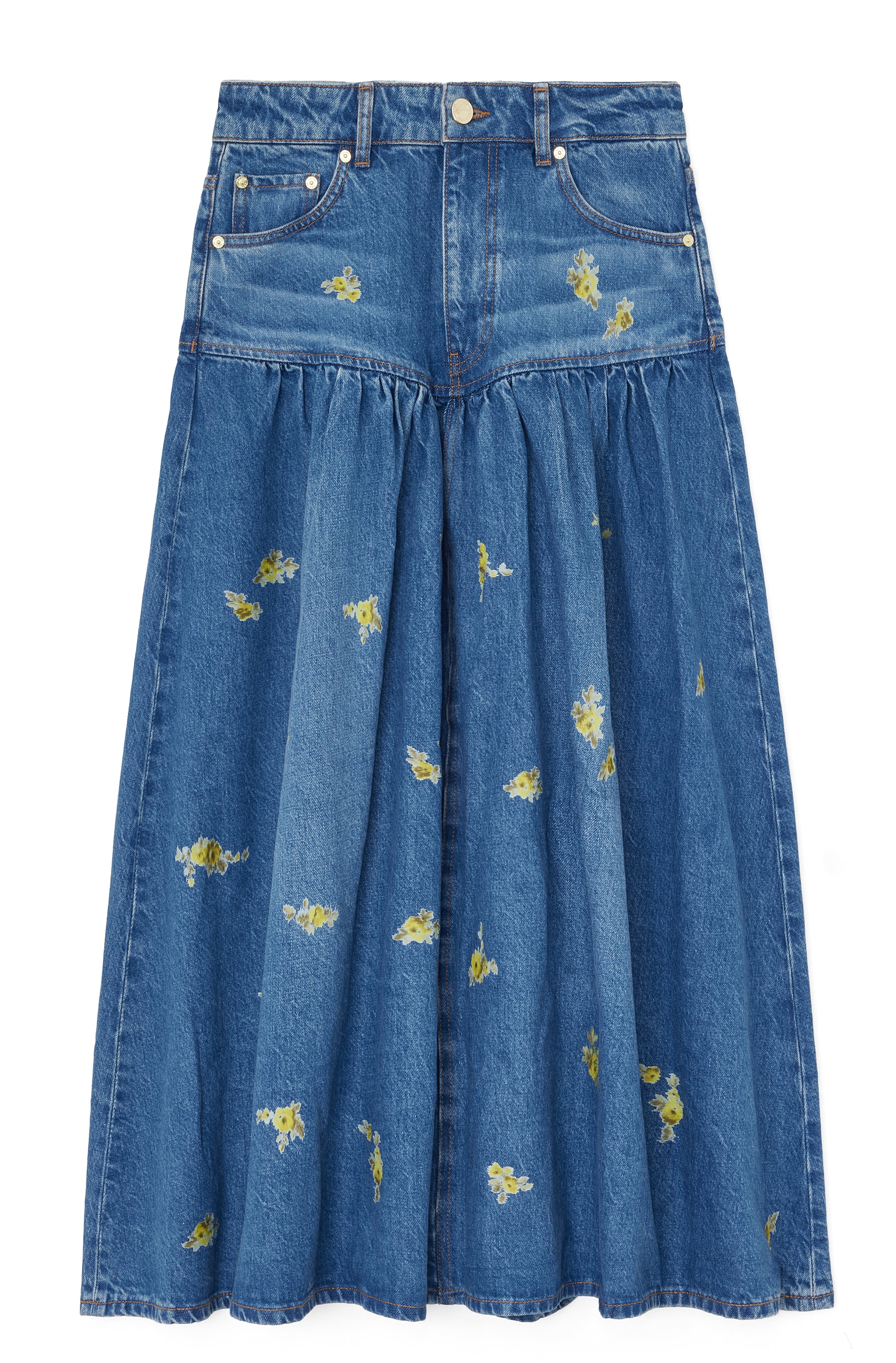 Printed Flower Denim Long Skirt | Indigo
