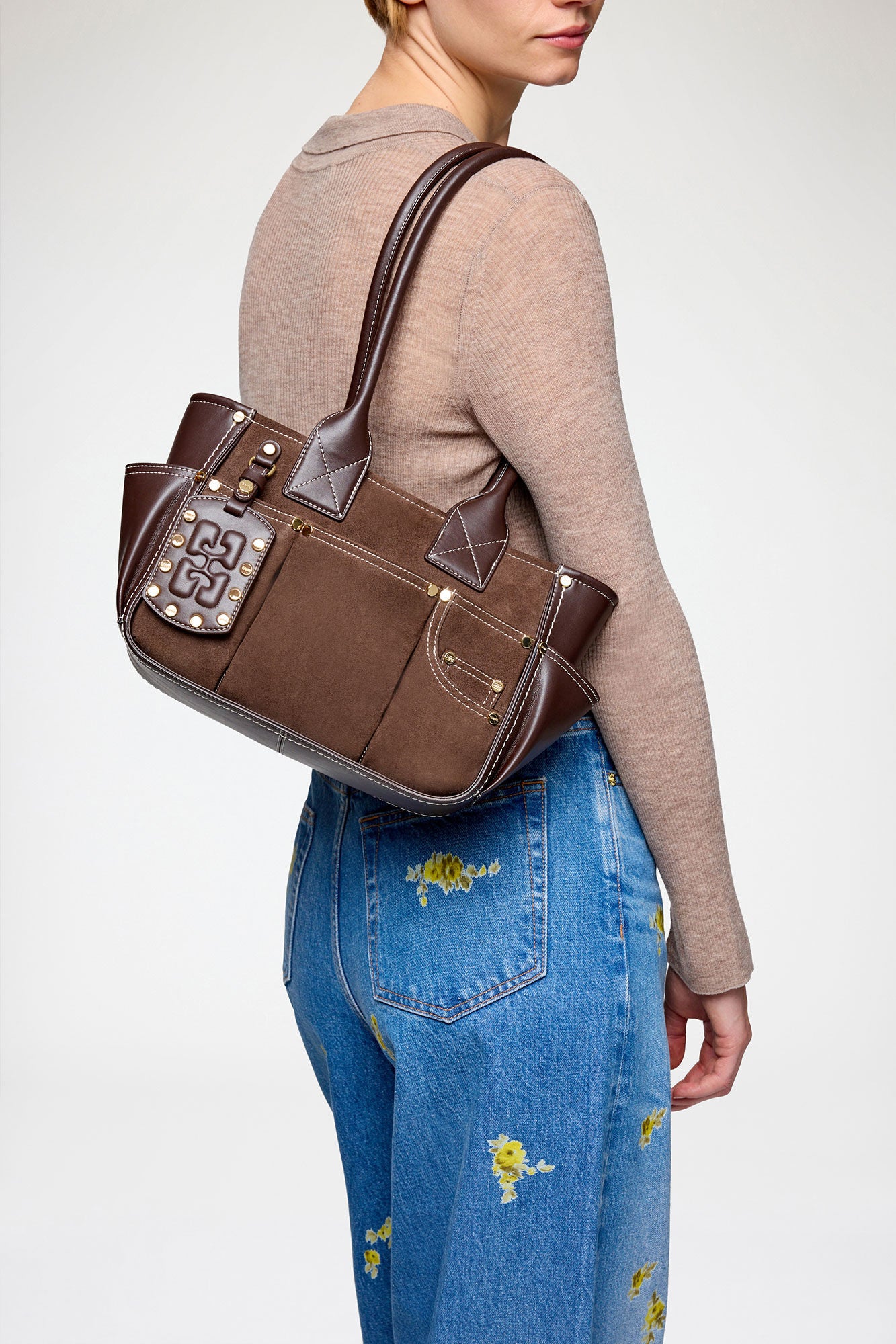 LEO BOUTIQUE Posy Small Recycled Suede Bag | Chicory Coffee GANNI