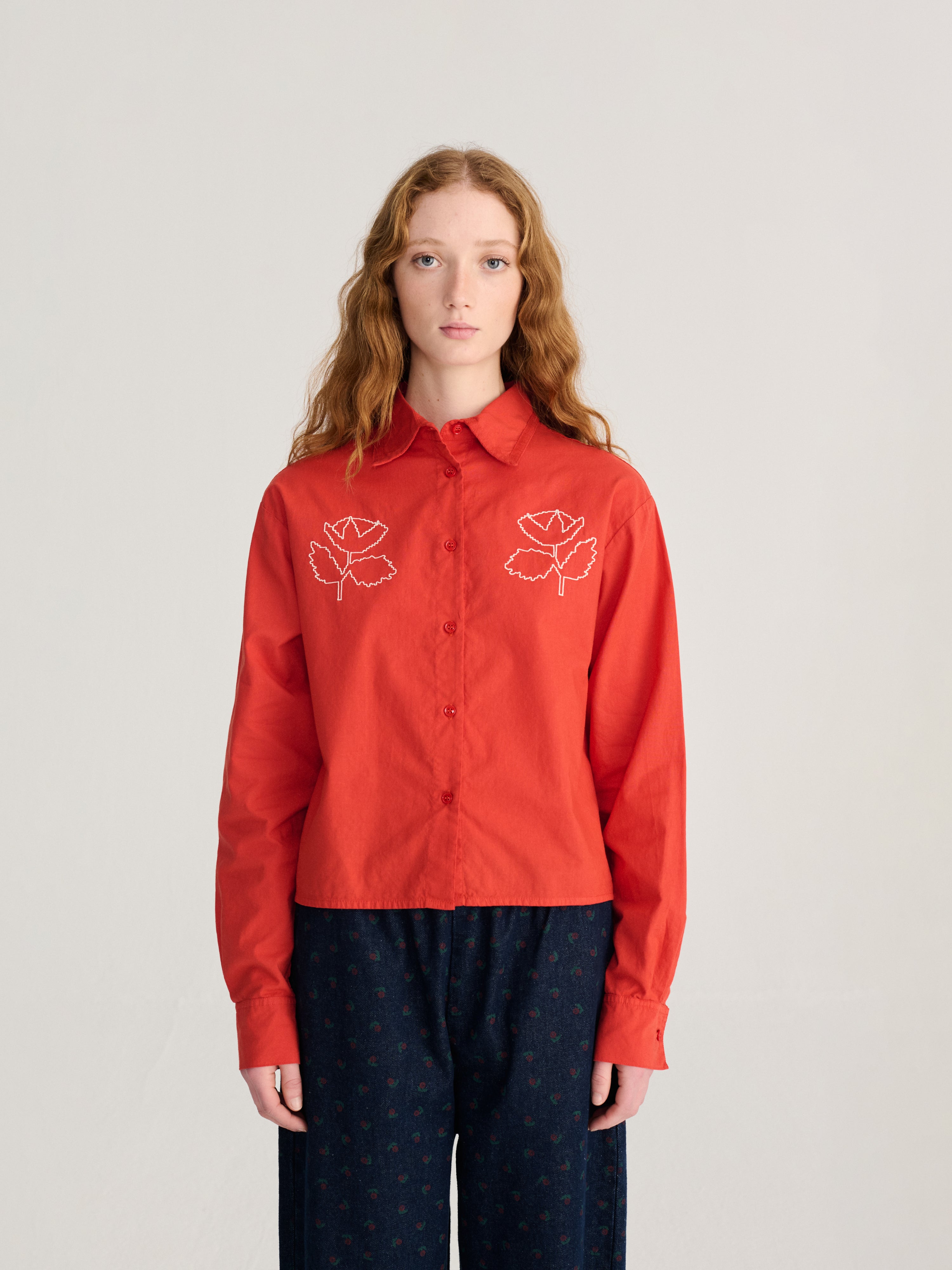 LEO BOUTIQUE Vibrant Flower Embroidery Poplin Shirt | Red BOBO CHOSES